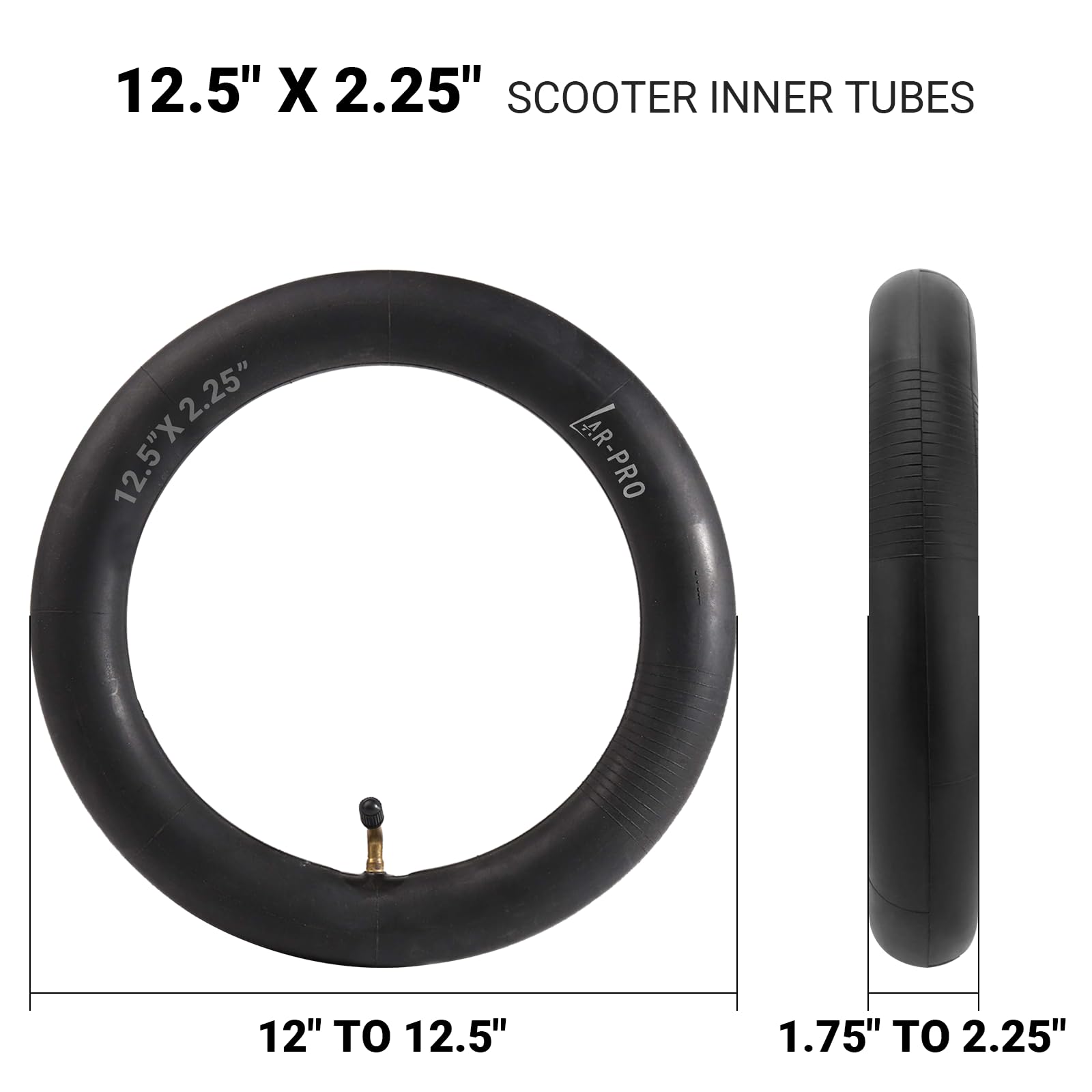 AR-PRO 12.5" x 2.25" Scooter Replacement Inner Tubes - Butyl Rubber, Angled Valve, 2 Pack with FREE Tire Levers