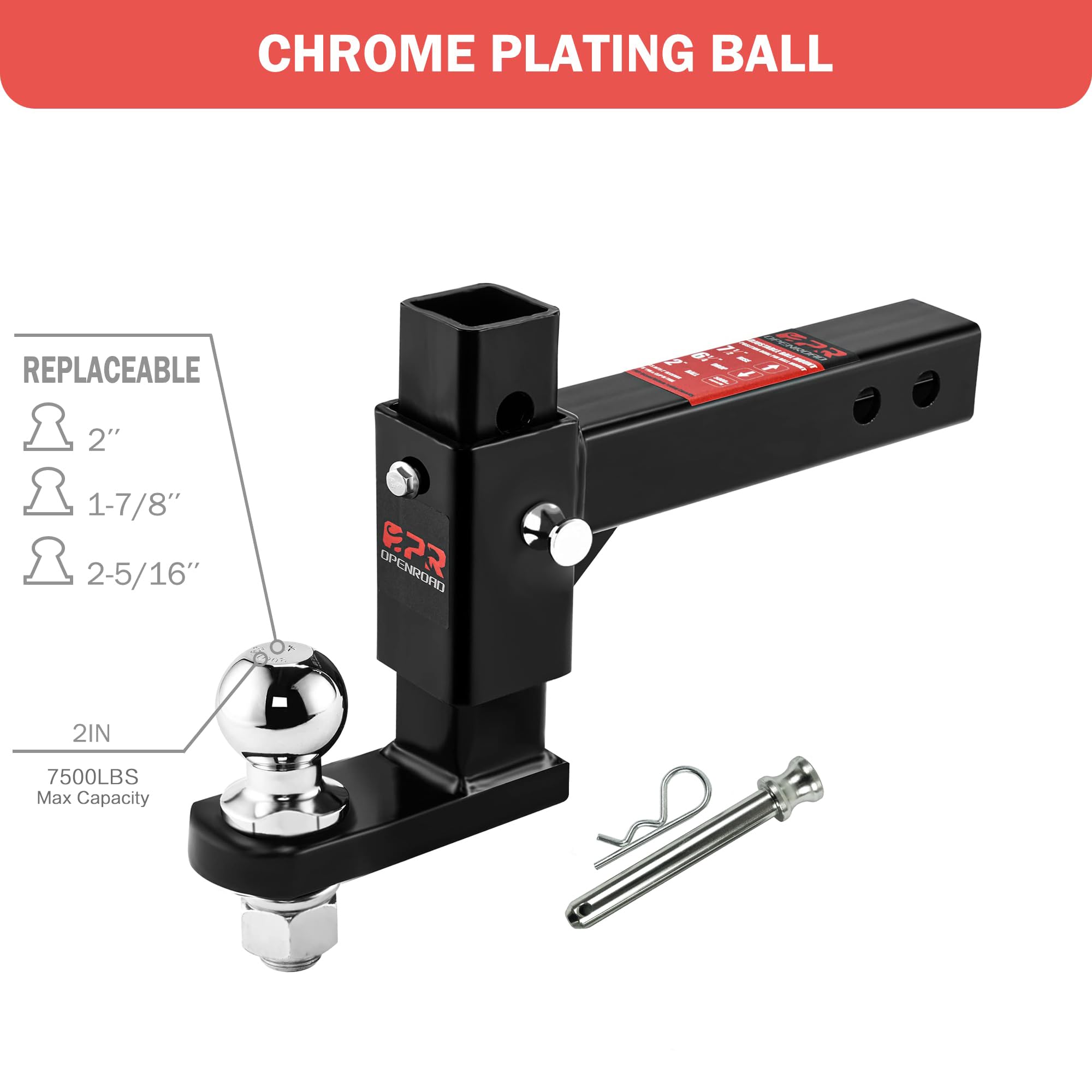 OPENROAD Adjustable Trailer Hitch Ball Mount for 2-Inch Receiver, 7500LBS, Aluminum, 7.5" Drop/6.25" Rise, Heavy Duty Truck Accessory