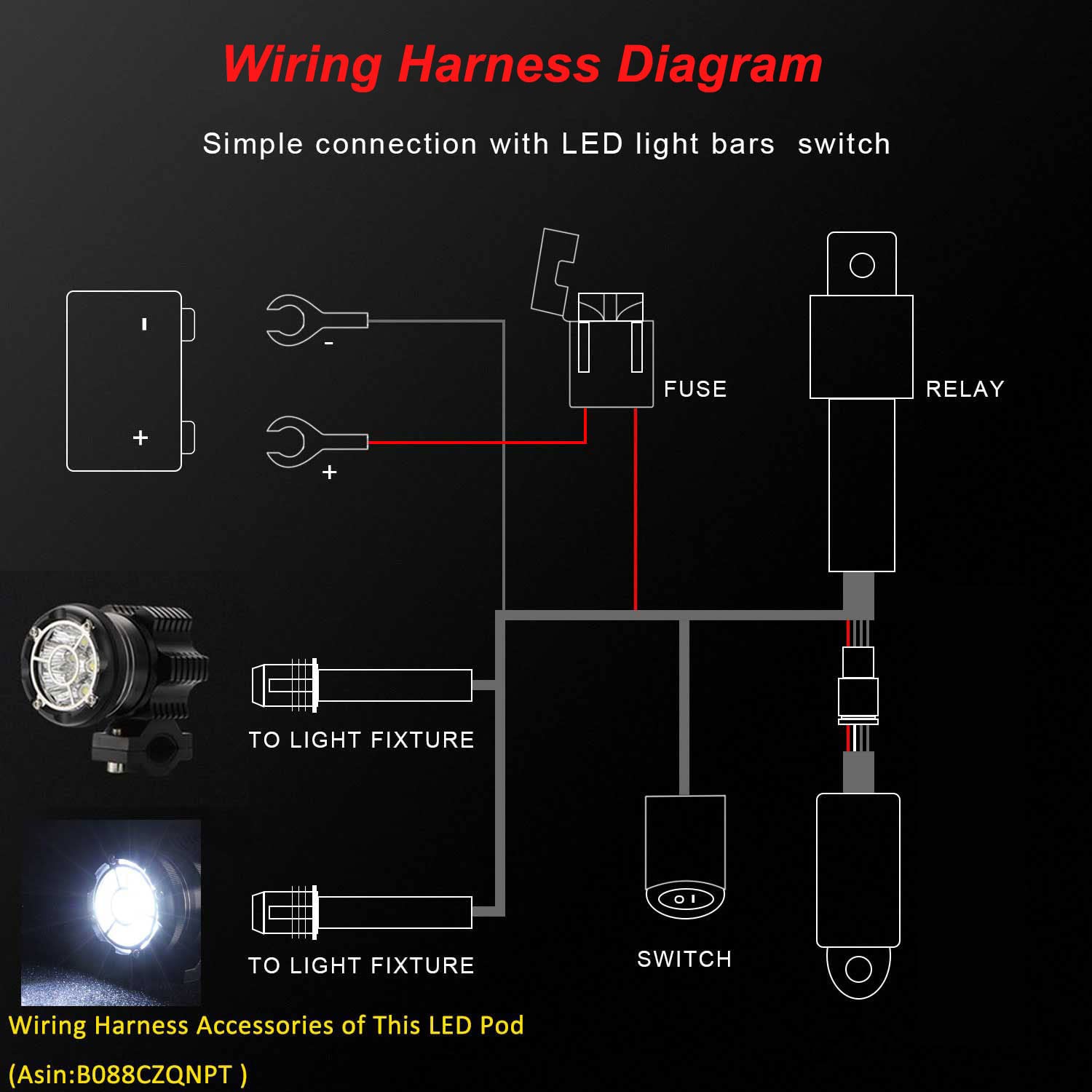 Kairiyard Light Bar Wiring Harness Motorcycle Handlebar Switch 13Ft 14Awg 2 Leads Universal Fog Light Wiring Harness Kit 480W 12V Relay 40A Fuse Relay For Switching Different Light Mode