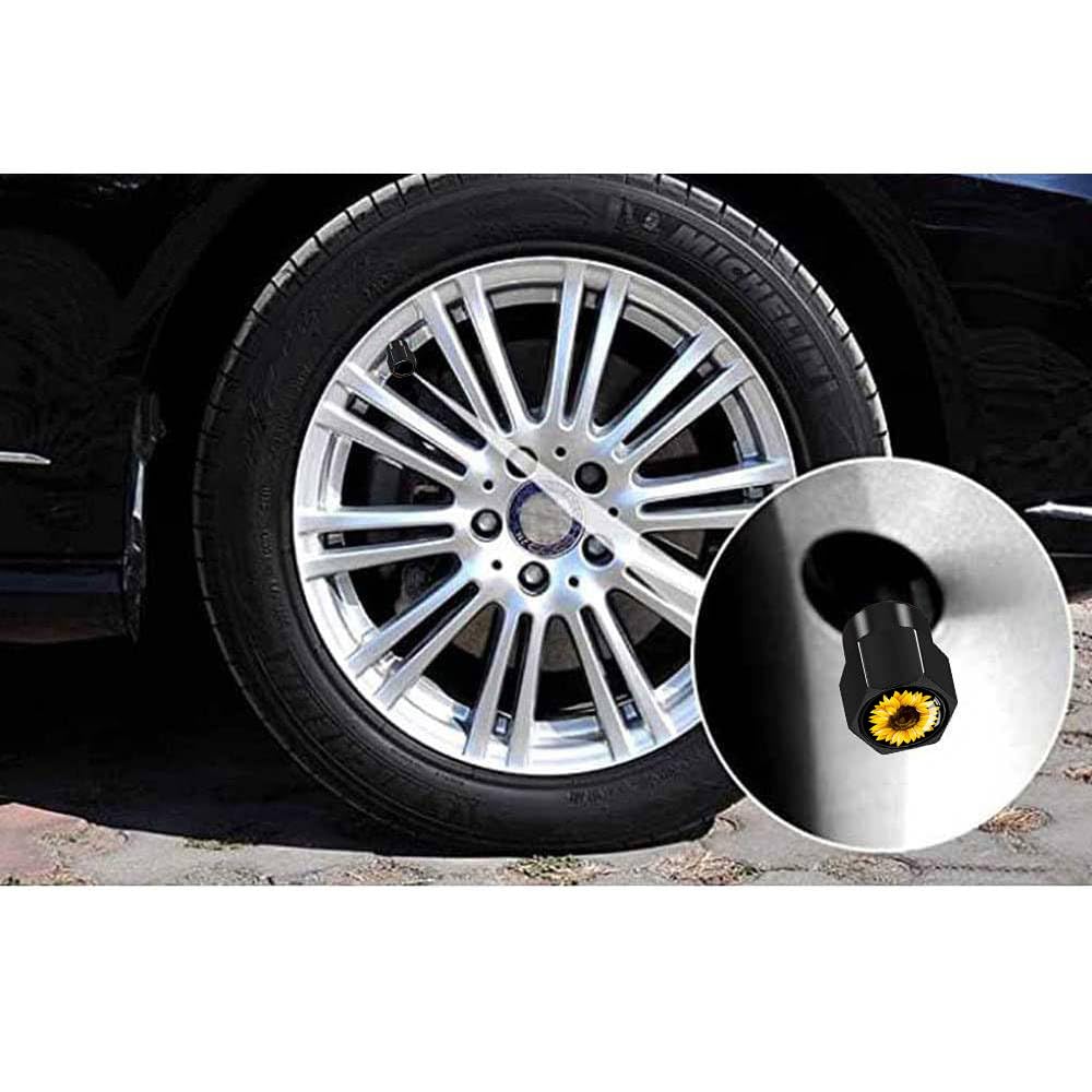 4Pcs Tire Valve Stem Caps Explosion Valve Cover Aluminum Alloy Compatible With Car Truck Suv Sunflower Car Accessories