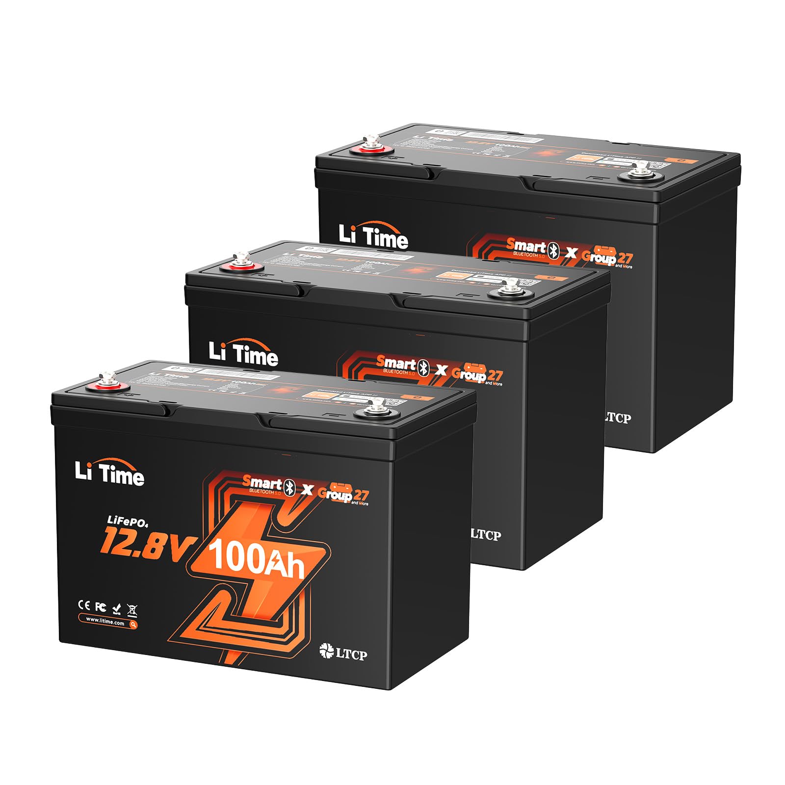 LiTime 12V 100Ah Group 27 Bluetooth LiFePO4 Battery, Lithium Battery, Built-in 100A BMS with Low-Temp Protection, Max. 15000 Cyc