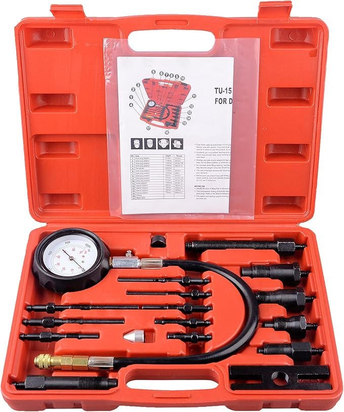 Diesel Engine Compression Tester Kit with 0-1000 psi Gauge and Adapters Cylinder Pressure Test Tool Kit Diesel Injector Tester C
