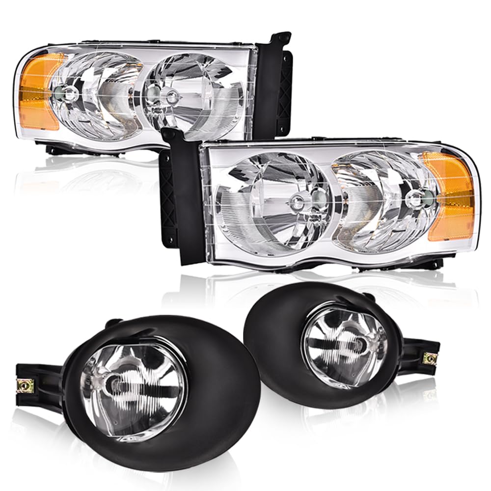 GRAND ORANGE 4PCS Headlights + Fog Lights Assembly Fit Dodge Ram 1500 2002-2005 Fit Dodge Ram 2500 3500 2003-2005 55077121AF, 55