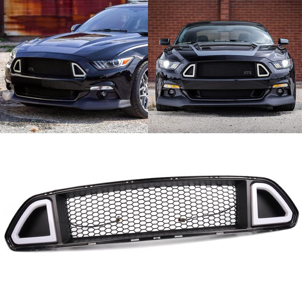 PIT66 Front Hood Upper Grille Grill Compatible with Ford Mustang 2015-2017 All Models with White DRL LED Light