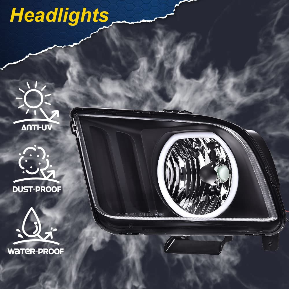 CHEDA LED DRL Headlights Assembly for 2005-2009 Ford Mustang S197 - Clear Lens, Black Housing, Amber Reflector, Head Lamp Pair