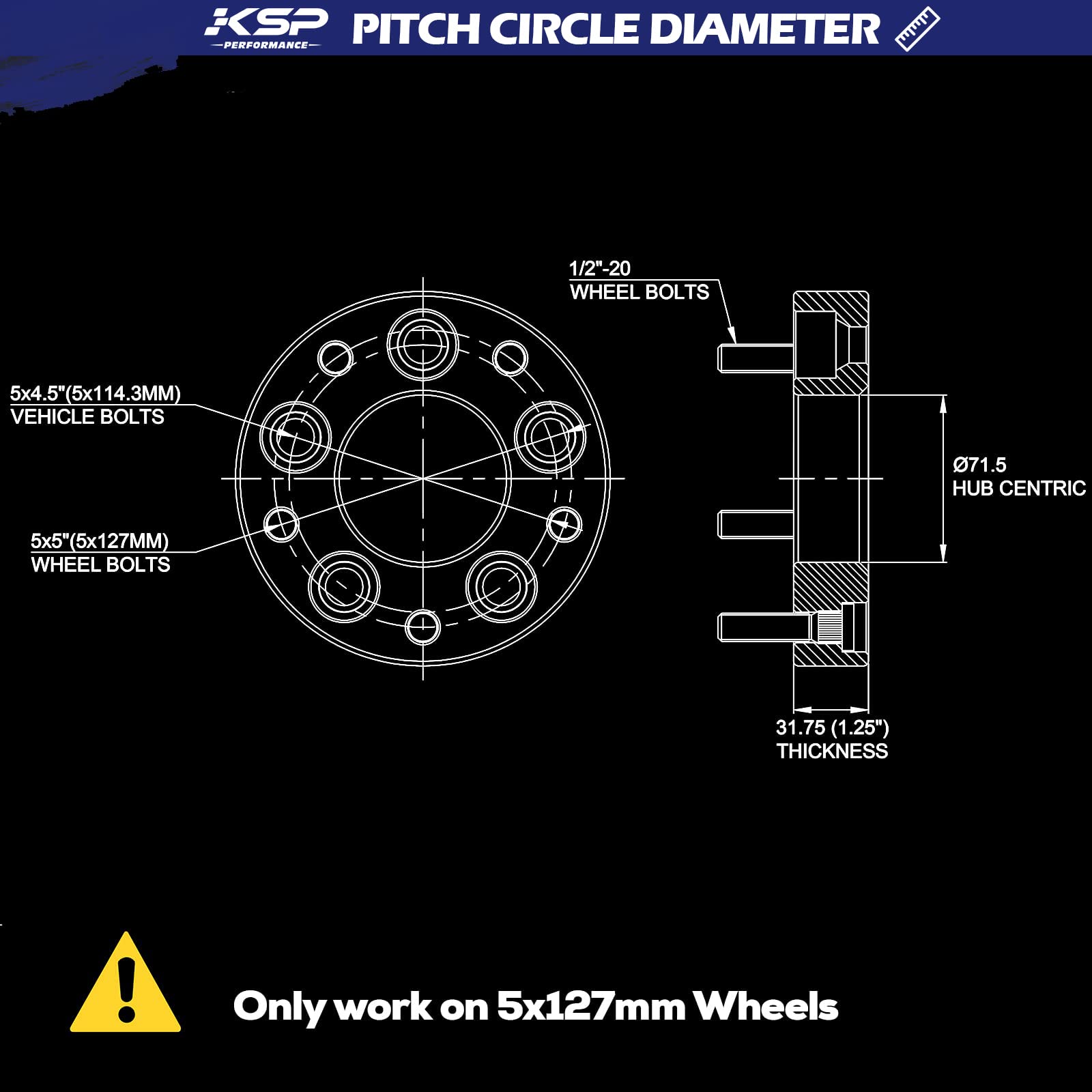 KSP 5x4.5 to 5x5 Wheel Adapters for JK JKU WK WJ XK Wheels on TJ YJ KK SJ XJ MJ KJ ZJ Vehicles, 1.25'' 5x114.3mm to 5x127mm Forg