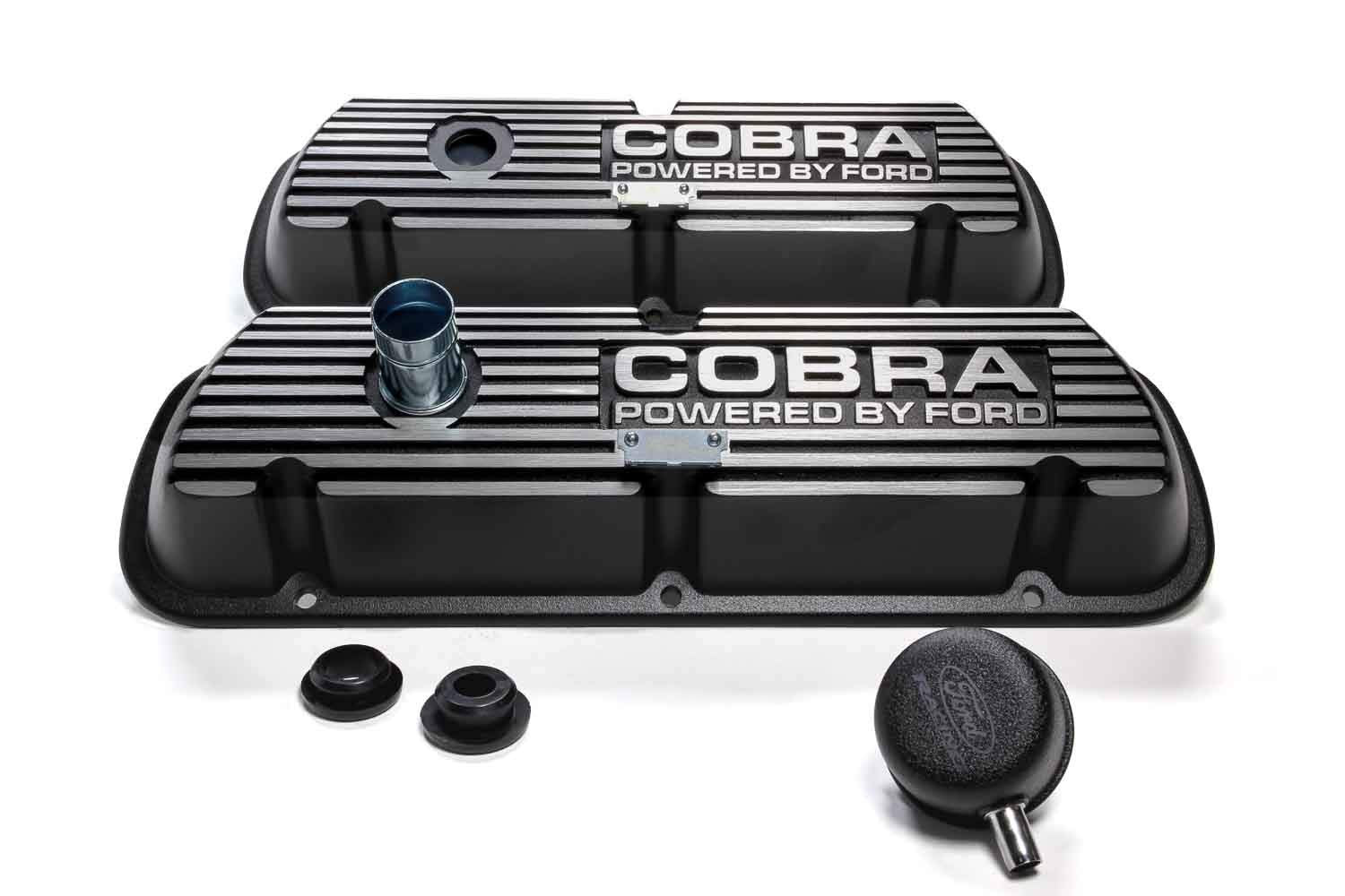 Ford Valve Cover Pair, Baffled, Breather Hole, Aluminum, Black Wrinkle Paint, Small Block Ford, Model M-6582-A