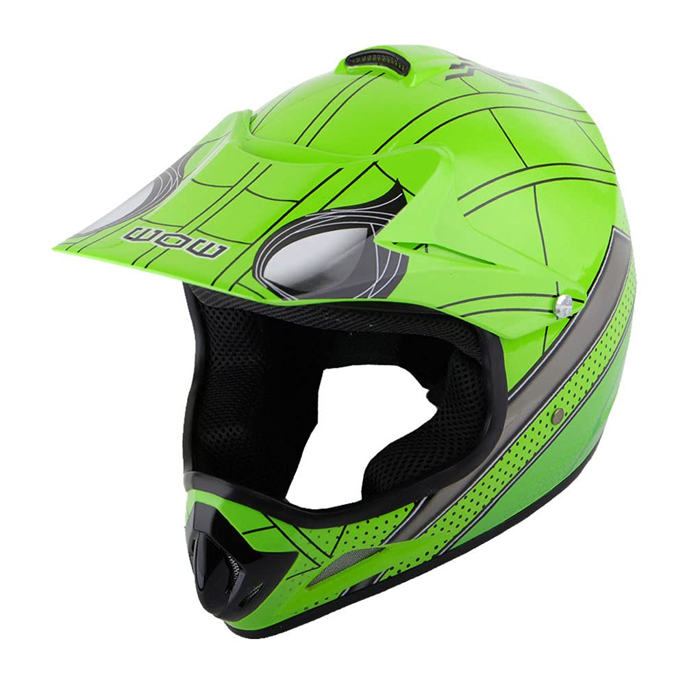 WOW Youth Motocross Helmet Bundle - Spider Green, Medium, Thermoplastic, Includes Goggles & Gloves