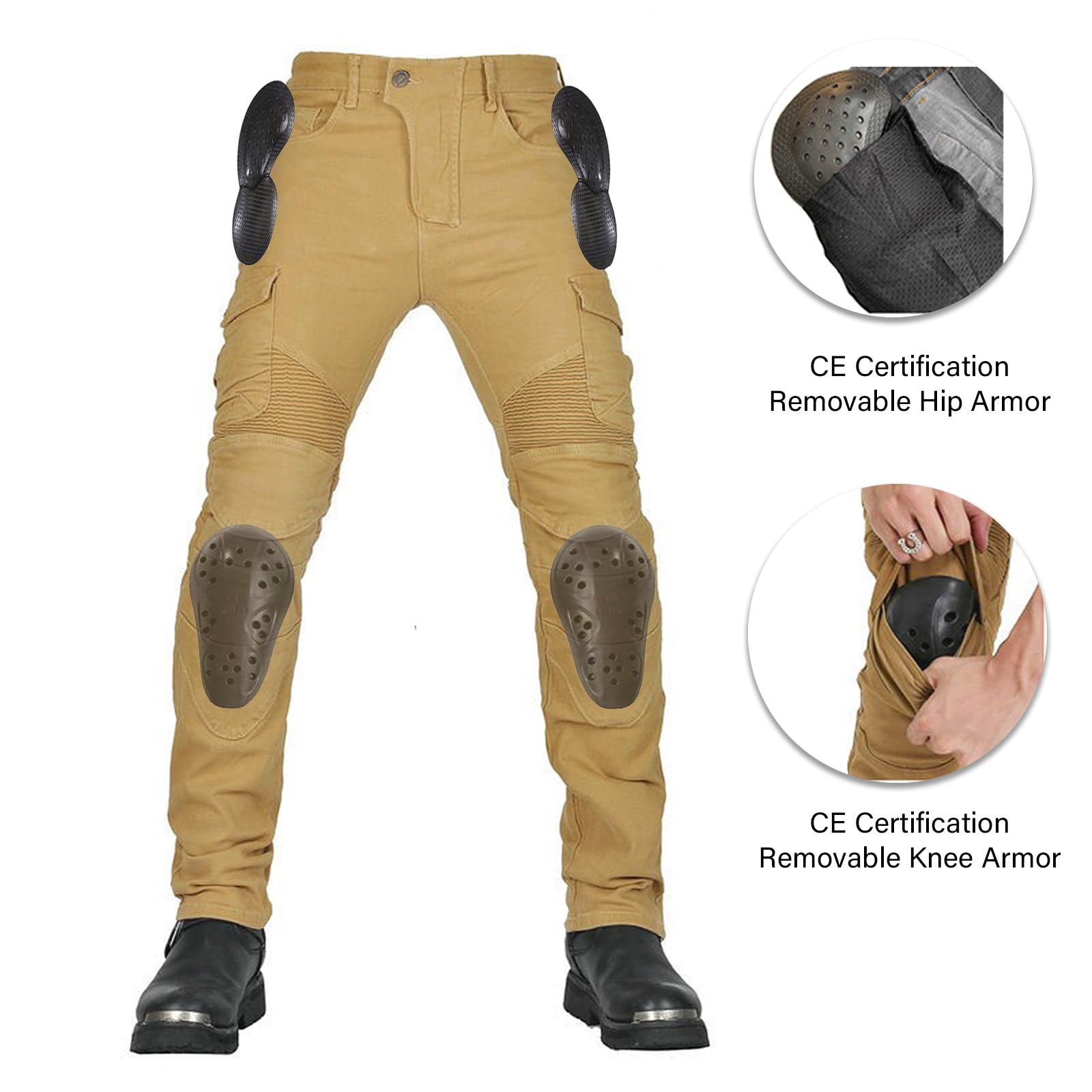 LOMENG Motorcycle Pants Motorbike Riding Denim Jeans Biker Motocross Pants with CE Removable Armored for Men Khaki 3XL