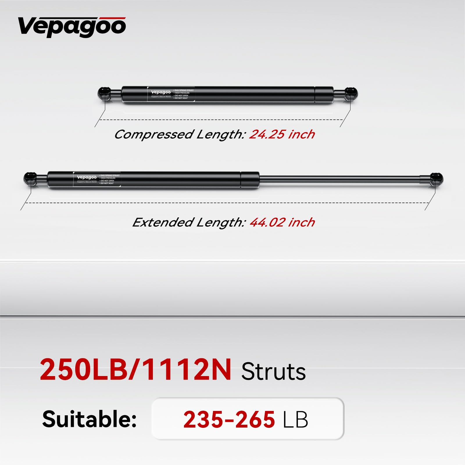 Vepagoo SF440M250 Gas Shock Strut Spring - 44 Inch, Heavy Duty Carbon Steel Lift Support for Snowmobile, Trailer, RV, Truck Bed, Set of 2