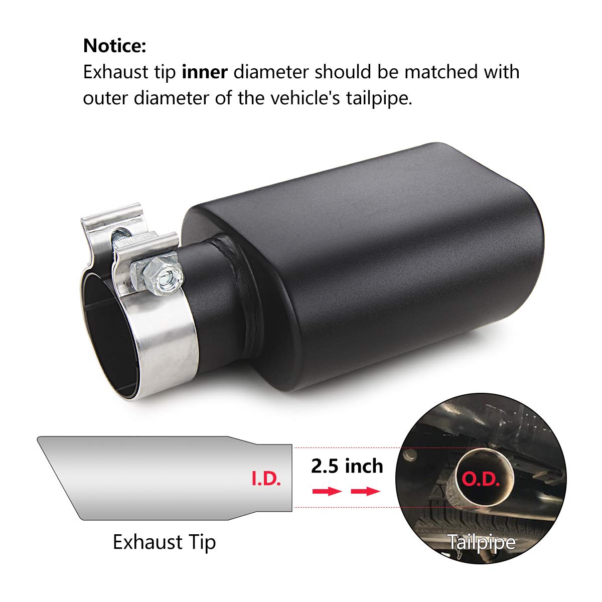 A-KARCK Square Exhaust Tip - 2.5" Inlet, 3"x5.5" Outlet, 9.5" Long, Black Coating, Stainless Steel, Clamp-on