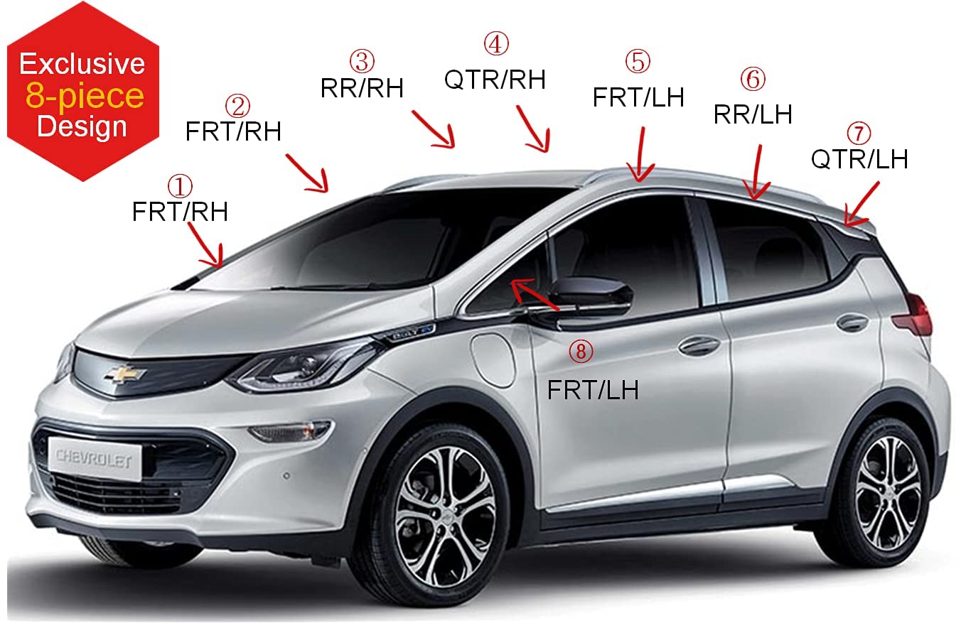 Autoclover Tape-On Rain Guards Window Visors 8 Pcs Set For Chevrolet Bolt Ev 2017 2018 2019 2020 2021 2022 2023 / Window Deflectors, Out-Channel Vent Shades (Chrome)