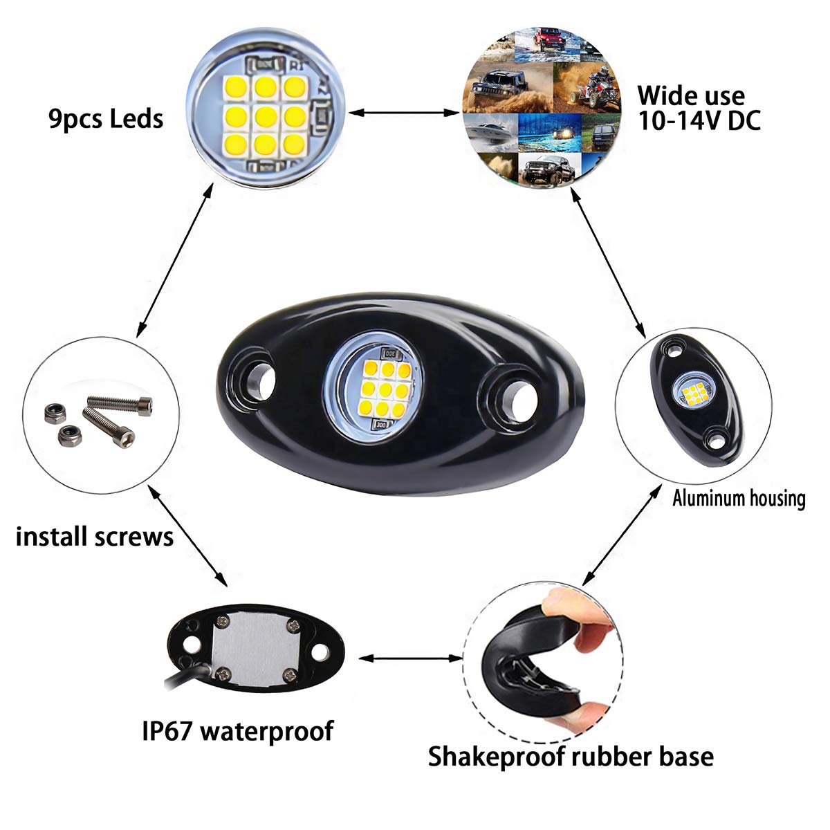 White Led Rock Lights, 4 Pods Neon 12V Waterproof Underglow Underbody Kit Crawler Crawling Dome Exterior Wheel Lights For Atv Rz