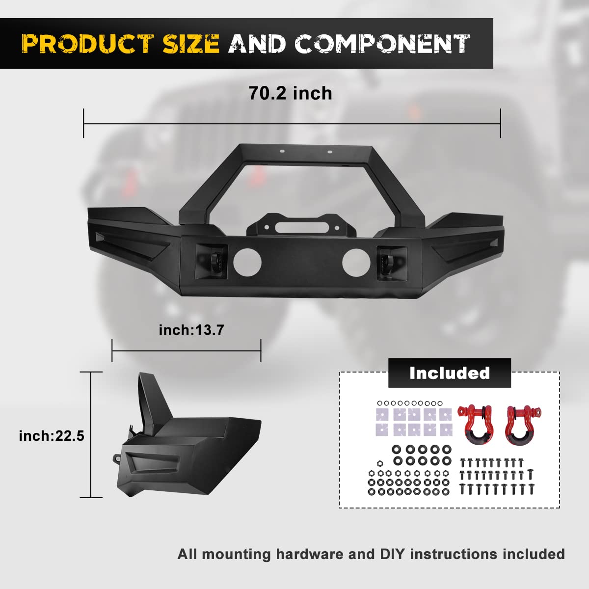 Front Bumper For Jeep 2007-2018 Wrangler Jk/Jku 4Wd 2Wd, Hawkley Full Width Bumper With Shackle Hole & Fog Lights Hole & Winch Plate Mounting, Off-Road Rock Crawler Bumper For Jk