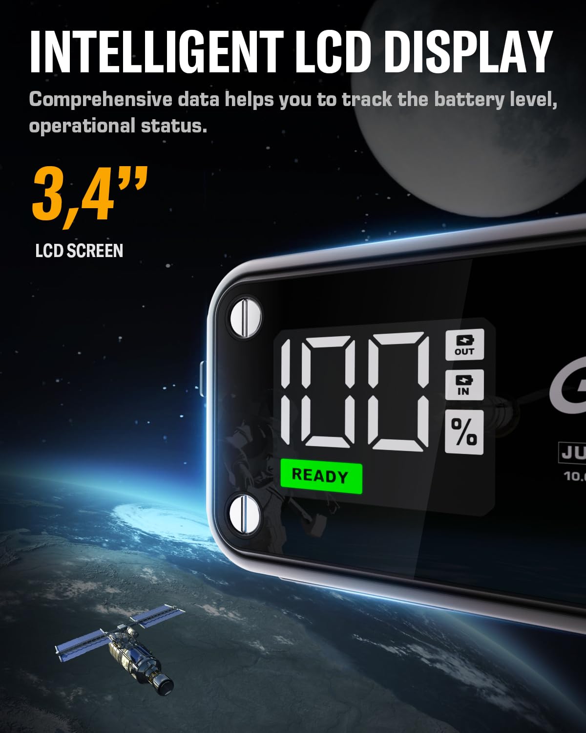 GIMFOOM 4000A Car Battery Jump Starter for 10L Gas & Diesel Engines, 12V with Smart Display & 400 Lumens LED Light, Gray
