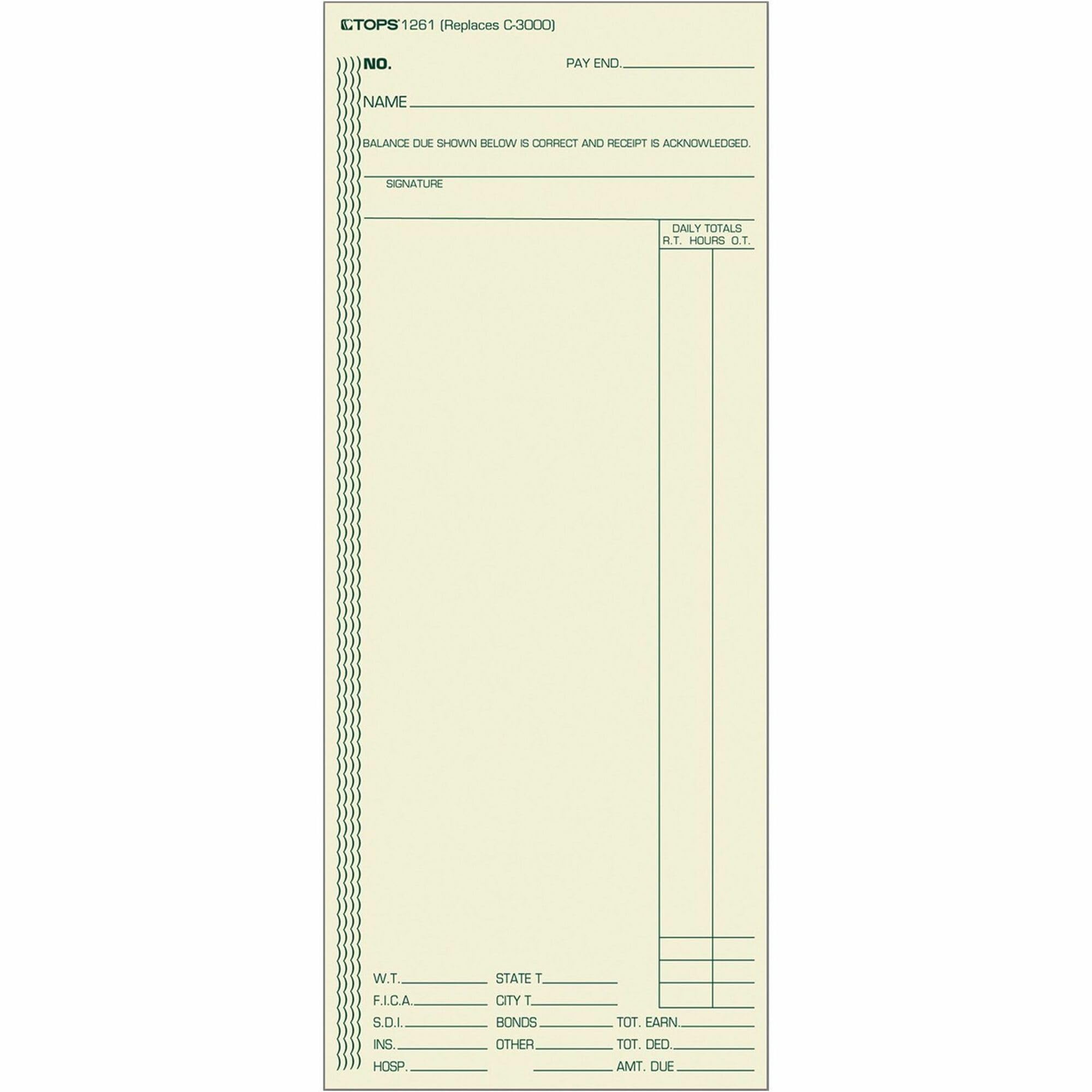 Tops Time Cards (Replaces Original Card C3000), Weekly Time Card Form, 1-Sided, 8 1/4'' X 3 3/8'', Box Of 500