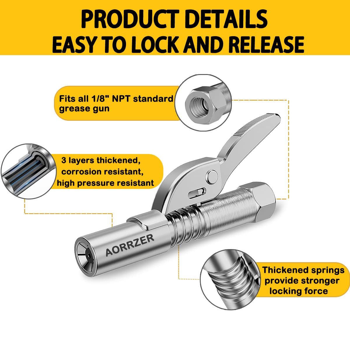 Aorrzer Grease Gun Coupler 2 Pcs, Strong Lock On Greases Gun Couplers, 12000 Psi Quick Release Grease Coupler With 12'' Spring F