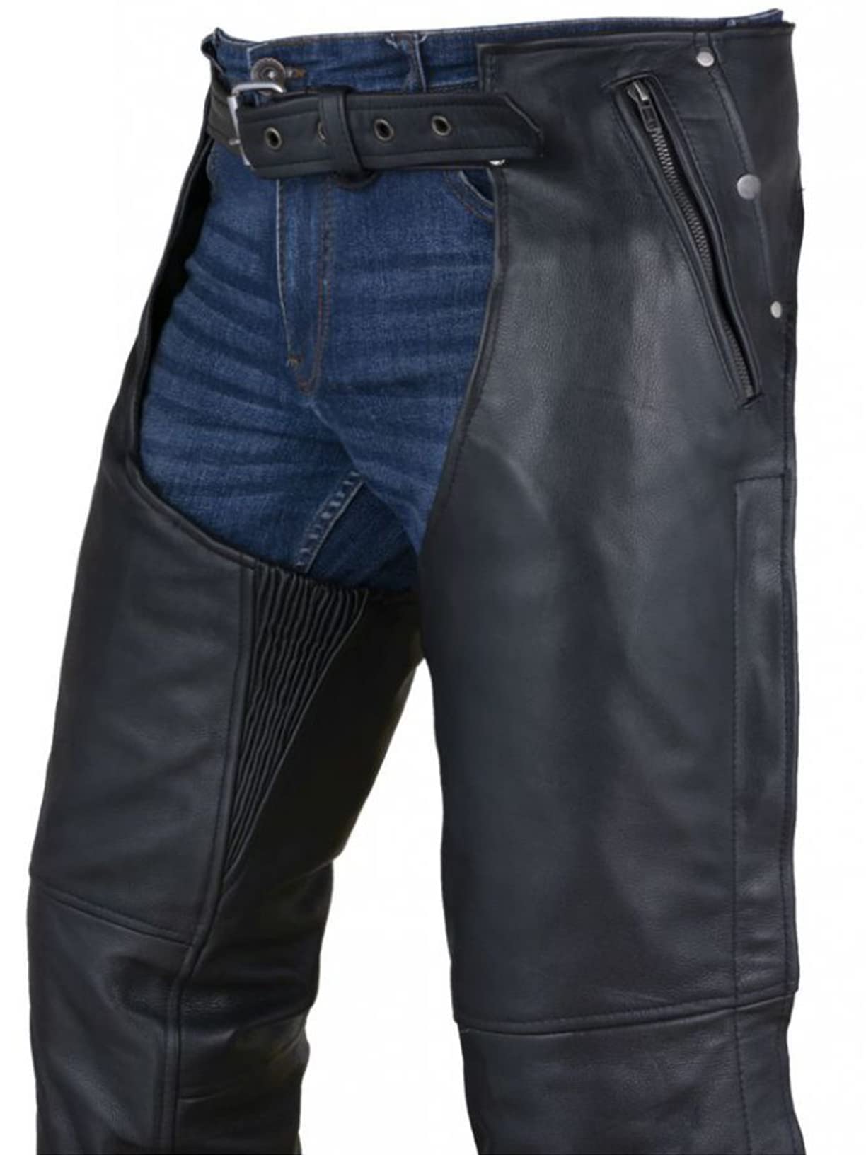 Dream Apparel Black Motorcycle Leather Chaps For Men Women Riding With Zip Out Liner, Cowboy Biker Chap Pants With Four Deep Poc