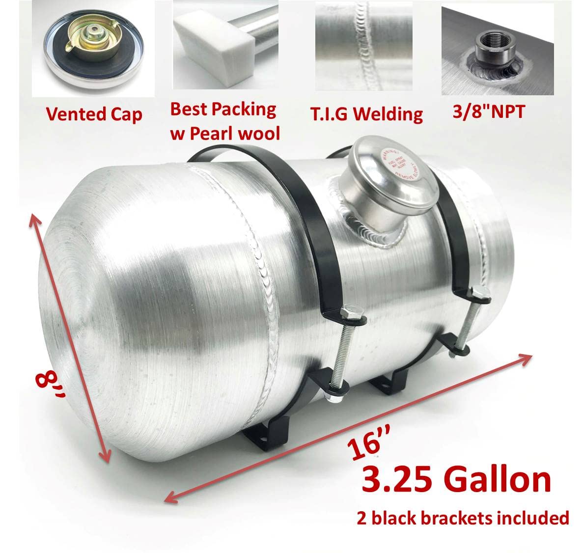 JSD AUTO PARTS 3.25 Gallons Aluminum Fuel Tank - 8x16 inch, Spun Center Fill, 3/8 NPT Outlet