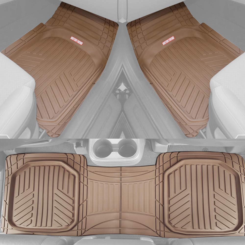 Motor Trend FlexTough Beige Floor Mats for Cars & Cargo Mat Full Set - All Weather Front & Rear Rubber Automotive Floor Mats & C