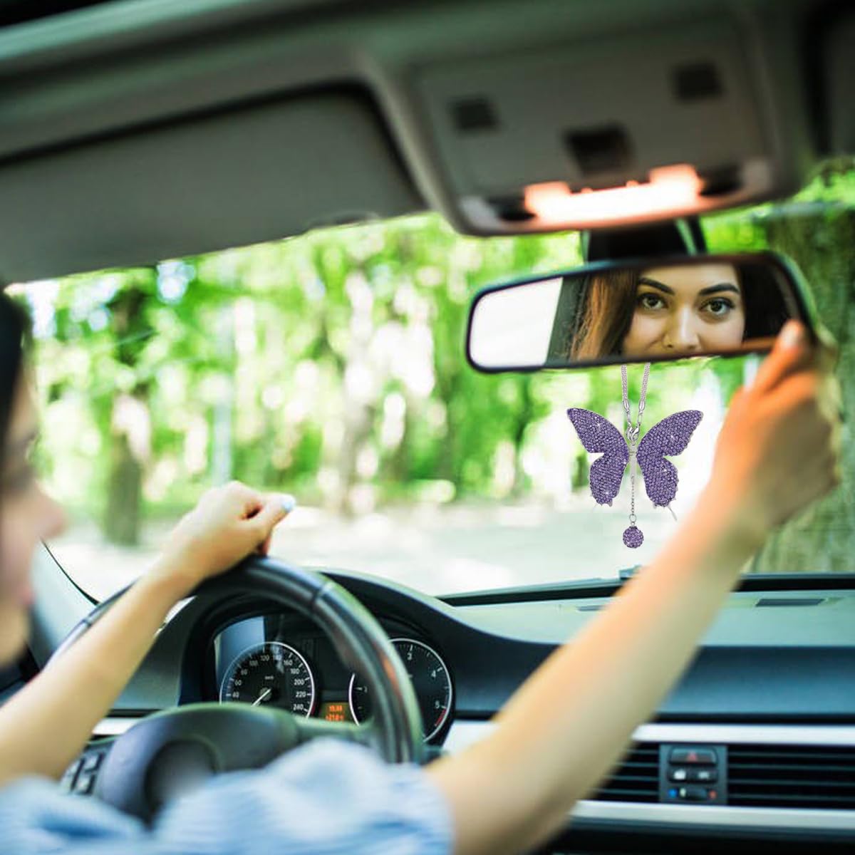 Bling Butterfly Diamond Car Hanging Accessories, Crystal Butterfly Rear View Mirror Luck Car Decoration Accessories For Women, V