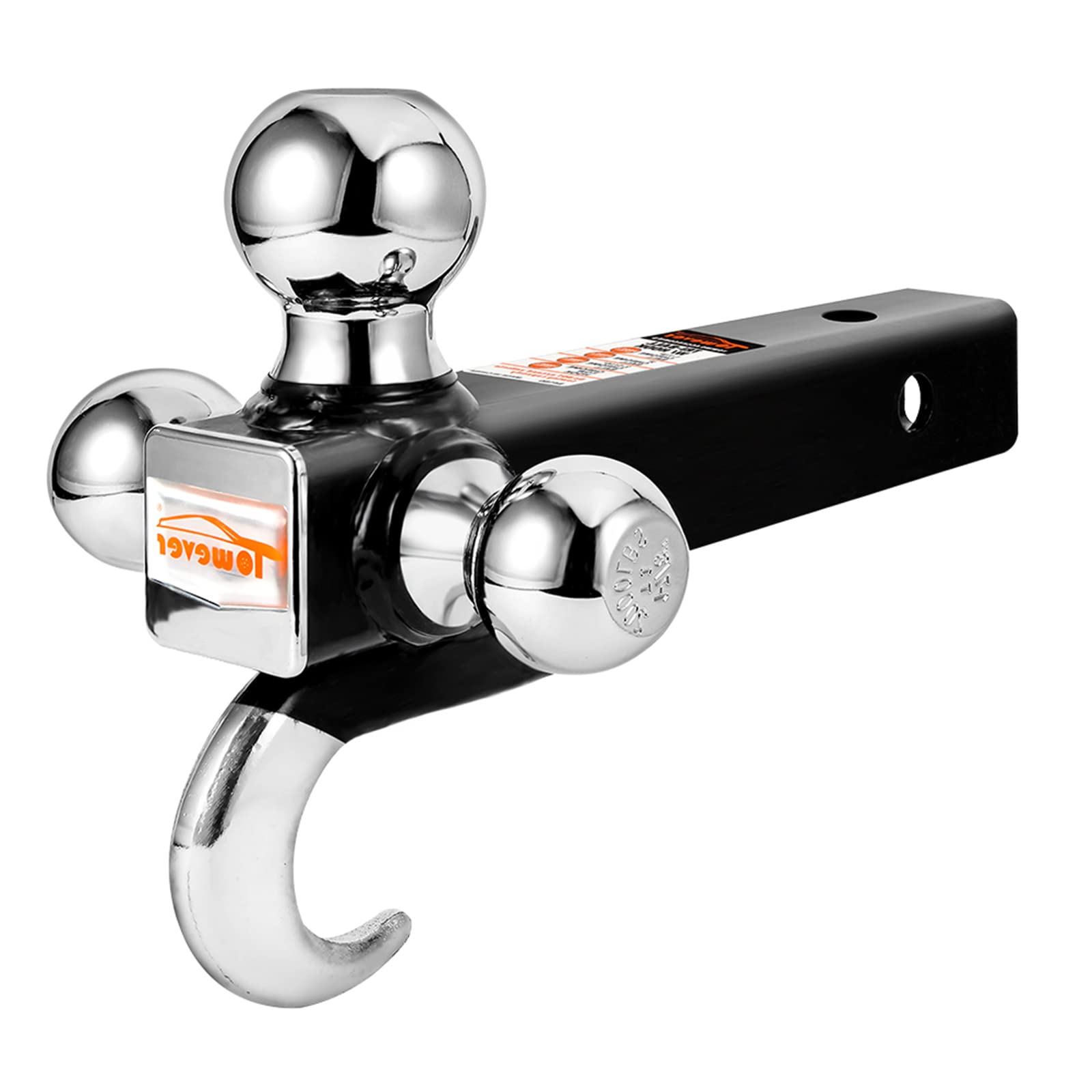 Towever 84180 Towever Trailer Hitch Tri Ball Mount With Hook, 3 Ball Hitch Fit For Towing Hitch 2 Inch Receiver (Hollow Shank Tow Hitch, Black&Chrome) Towever