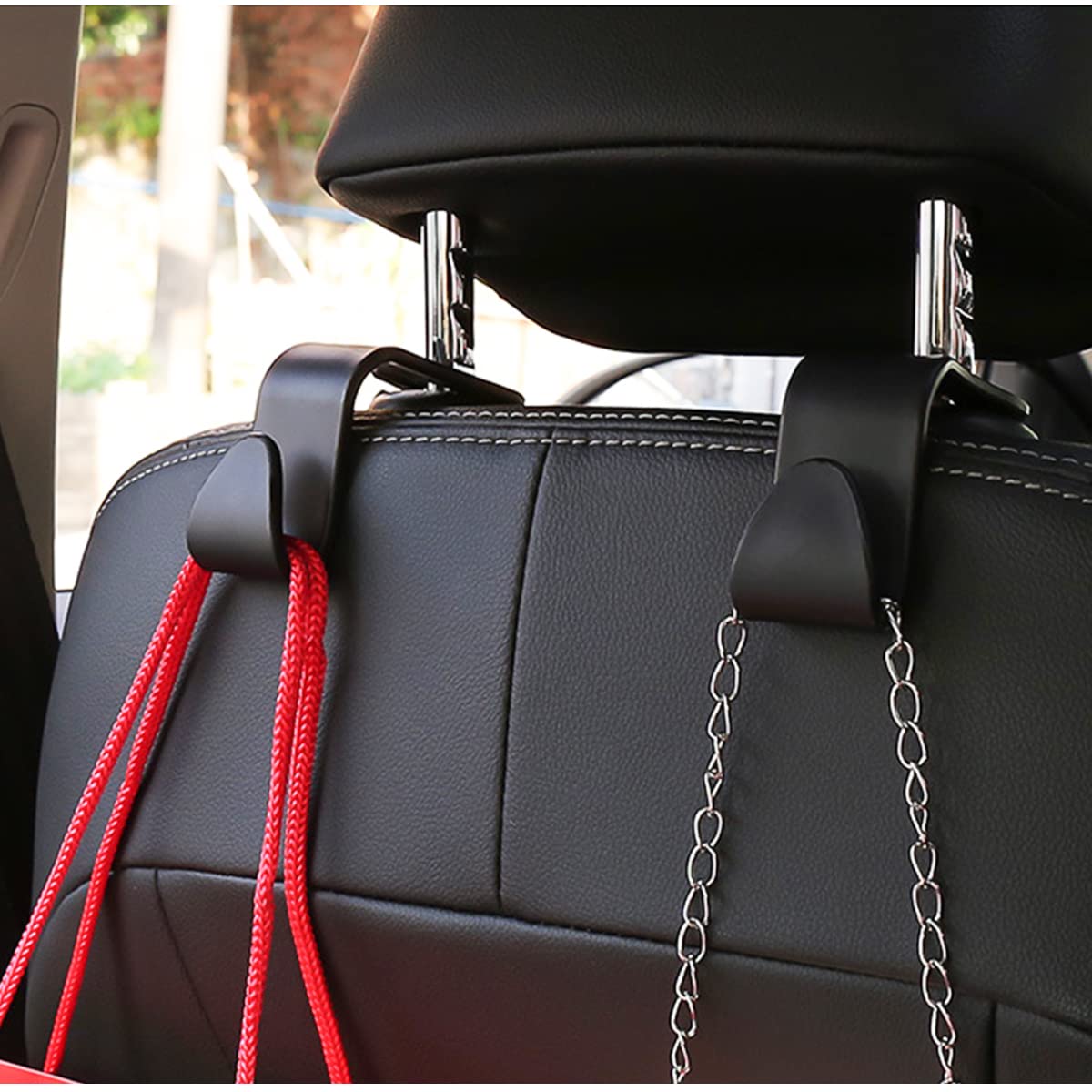 Hanemia Car Back Seat Headrest Hooks, 4 Pack Black - Stylish Hangers for Handbags, Clothes, Coats, Grocery Bags - Car Interior Accessories