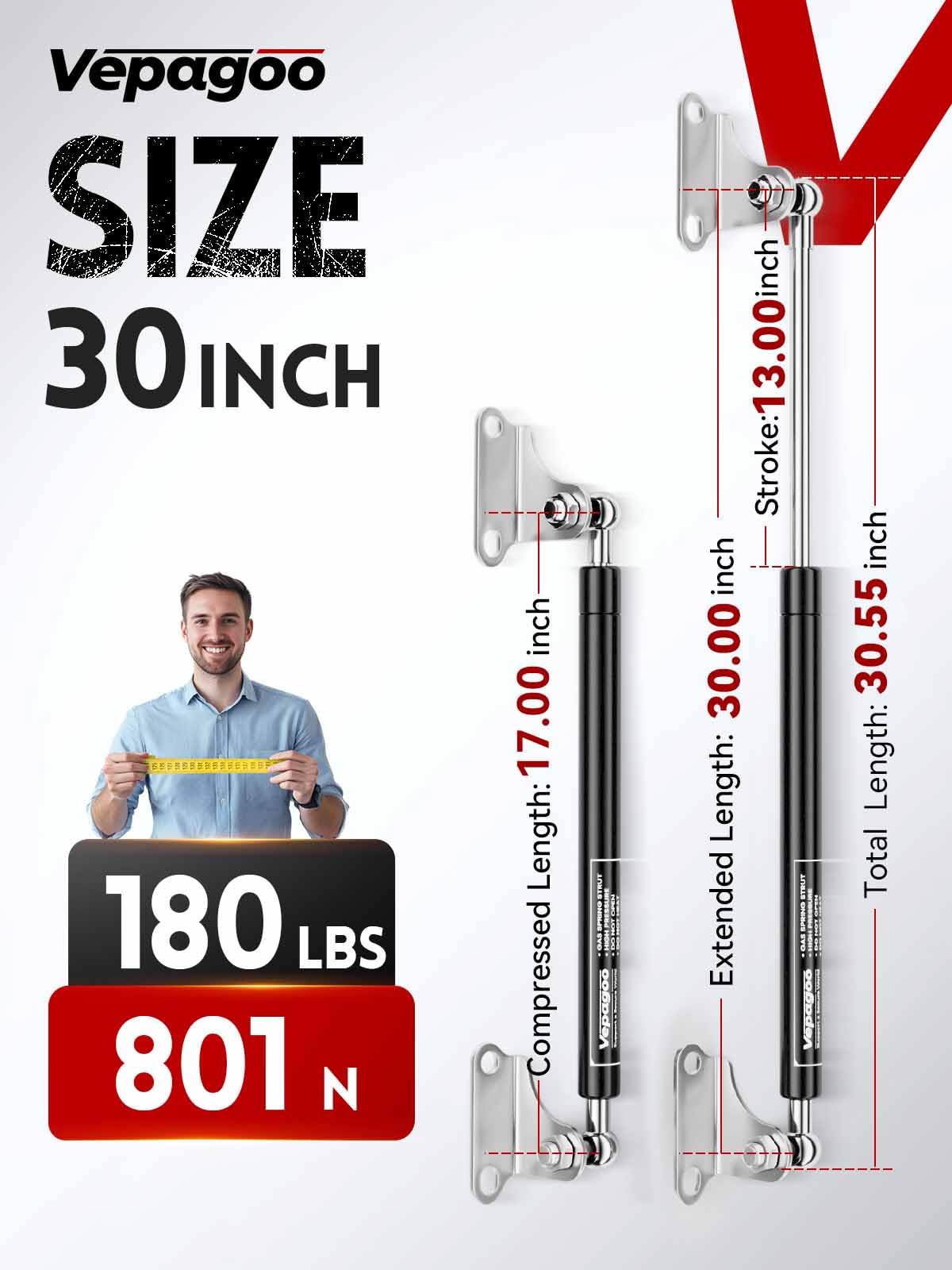 Vepagoo 30 Inch Gas Struts 180Lb/801N Shock With Mounting Brackets, Lift Supports For Rv Bed Storage Travel Trailer Truck Bed Co
