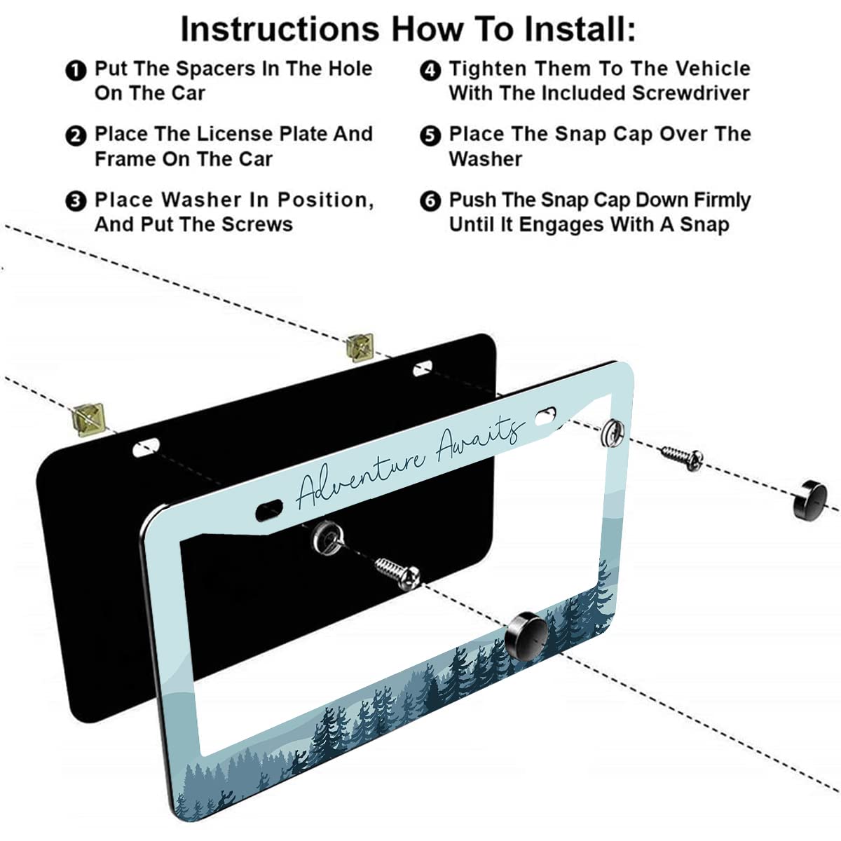 2Pcs Adventure Awaits License Plate Frames Cover Holders Stainless Steel License Plate Cover With Screw Caps Cover And Screwdriv