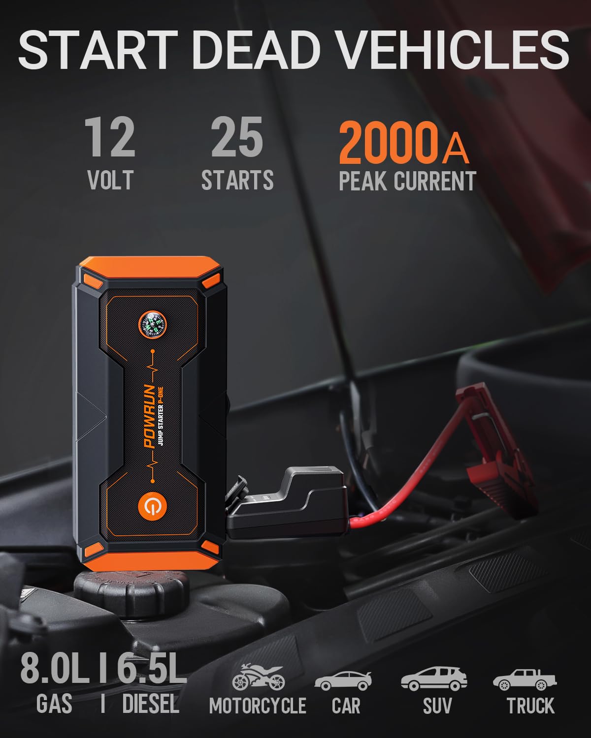 Powrun P-ONE Jump Starter 2000A - Portable Car Battery Booster for 8.0L Gas & 6.5L Diesel Engines, 12V, LCD Display, Orange,