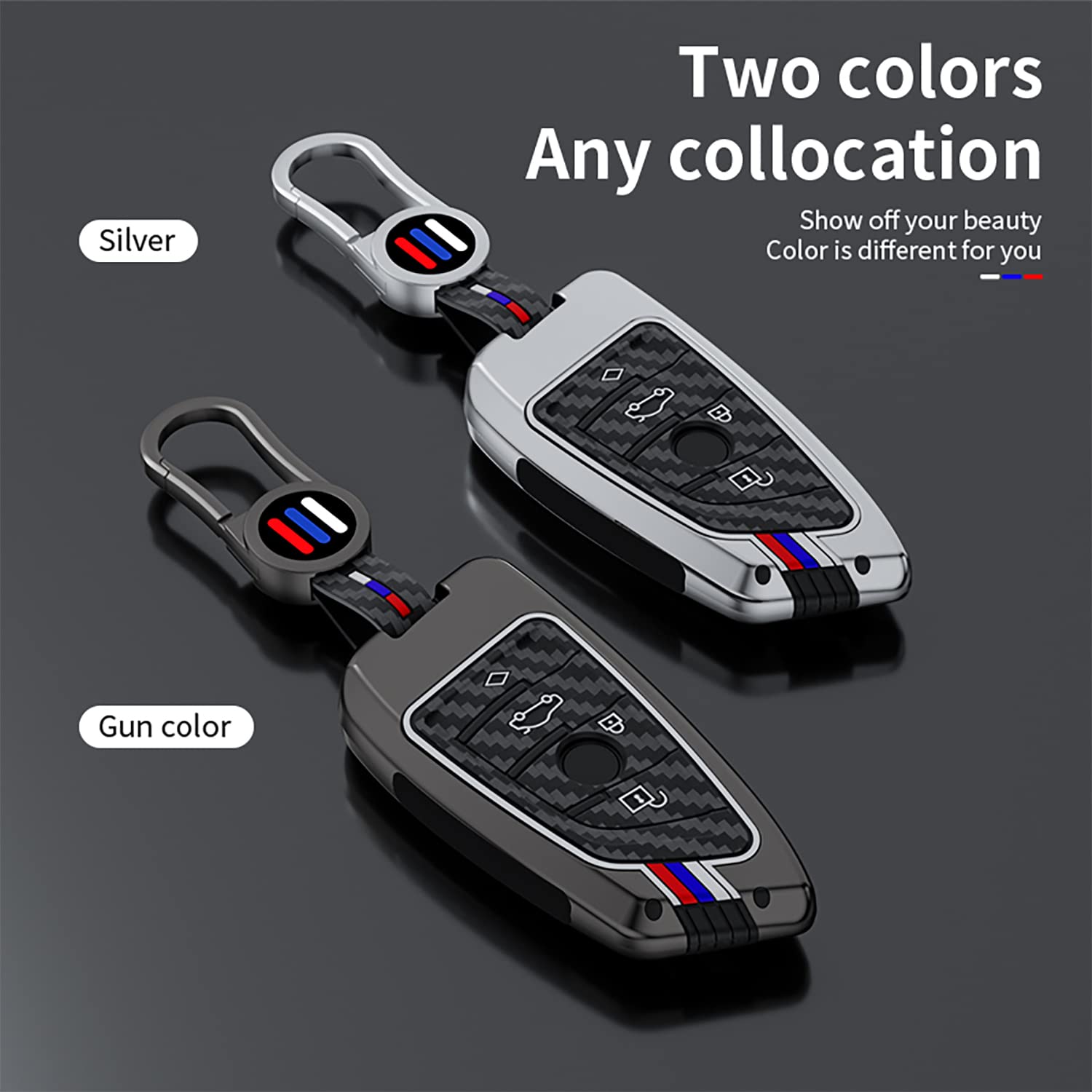 Ollen Heavy Zinc Alloy Key Fob Cover, Fit For Bmw 2 5 6 7 Series X1 X2 X3 X5 X6 Gt Series, Full Protection Remote Fob Cover With Carbon Fiber Pattern, Blade Shape, Silver(1 Pcs)