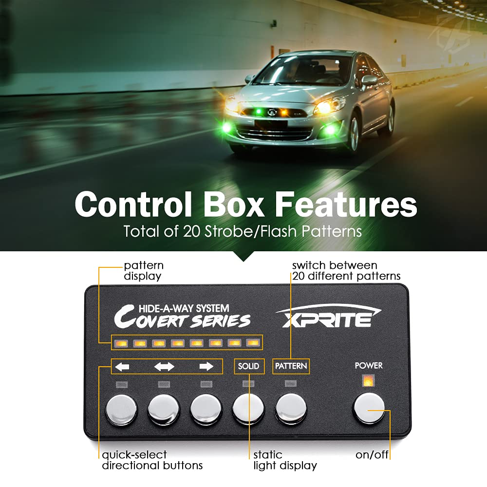 Xprite LED Strobe Lights Kit - 20 Flashing Patterns, Amber Green, 8 PCs, Model 52013-8-YG, for Emergency Vehicles, Trucks, SUVs, Cars