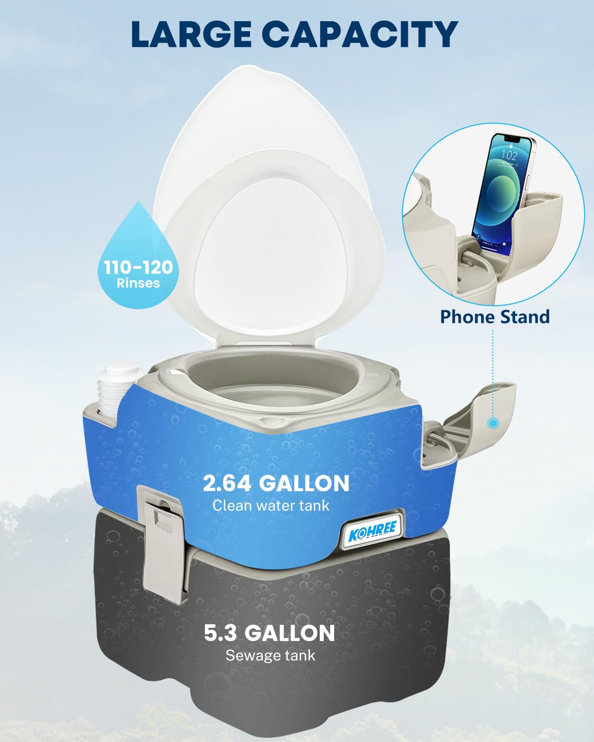 Kohree Portable Toilet 5.3 Gal for Camping - Leakproof Cassette Toilet with Diagonal Elongated Bowl Seat, Gray, Model KR3126