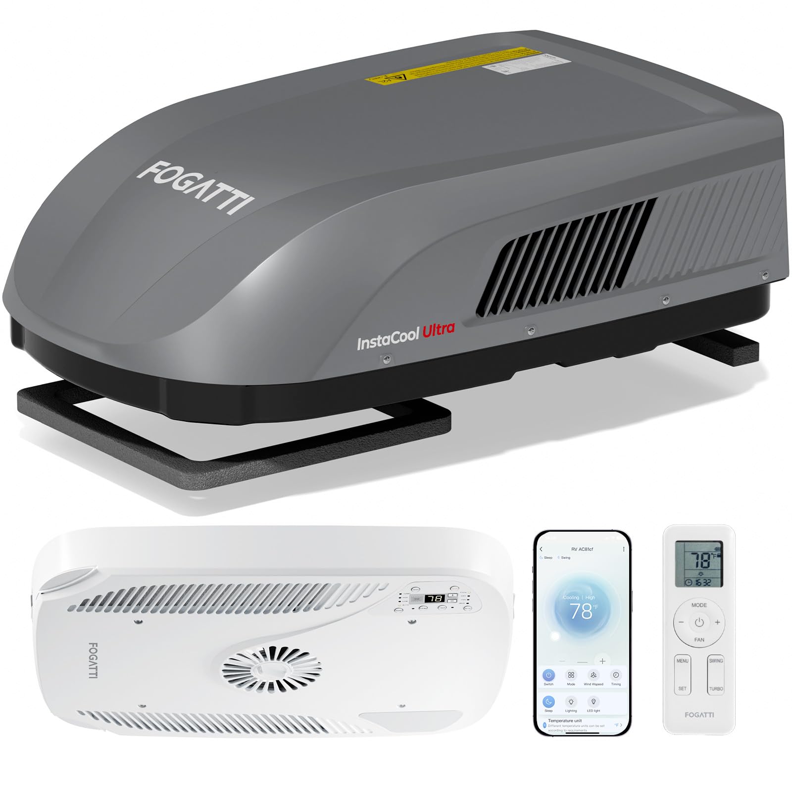 FOGATTI RV Air Conditioner 16K BTU, with Heat Pump and Cooling, with WiFi and Remote Control, Quiet AC, Low Profile Rooftop AC R