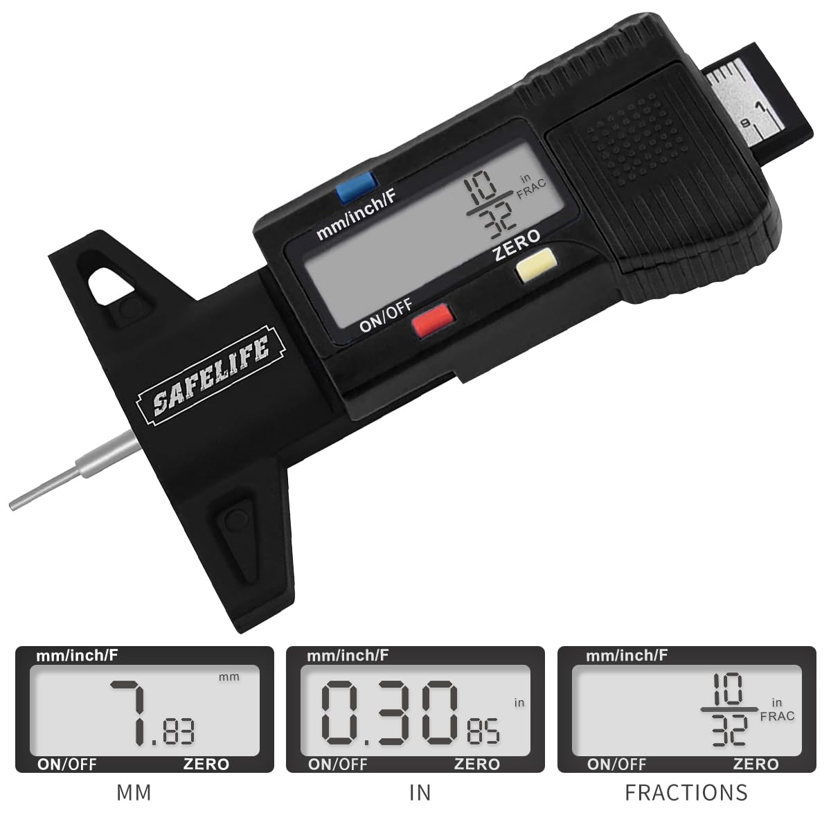 SAFELIFE Digital Tire Tread Depth Gauge - 3 Modes, Black, Model GL-1707, Accurate Measurement for Cars, Trucks, Motorcycles
