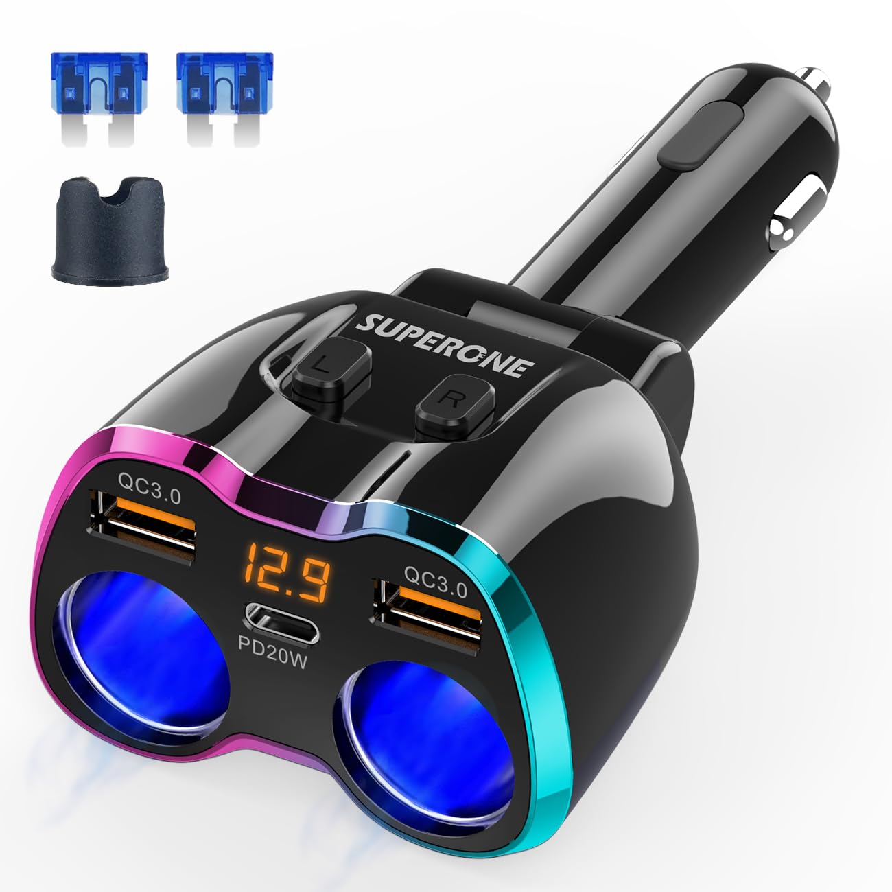 2024 Upgraded Cigarette Lighter Splitter, Superone 180W 2-Socket Cigarette Lighter Adapter With Dual Qc3.0 And 20W Pd Usb C Car