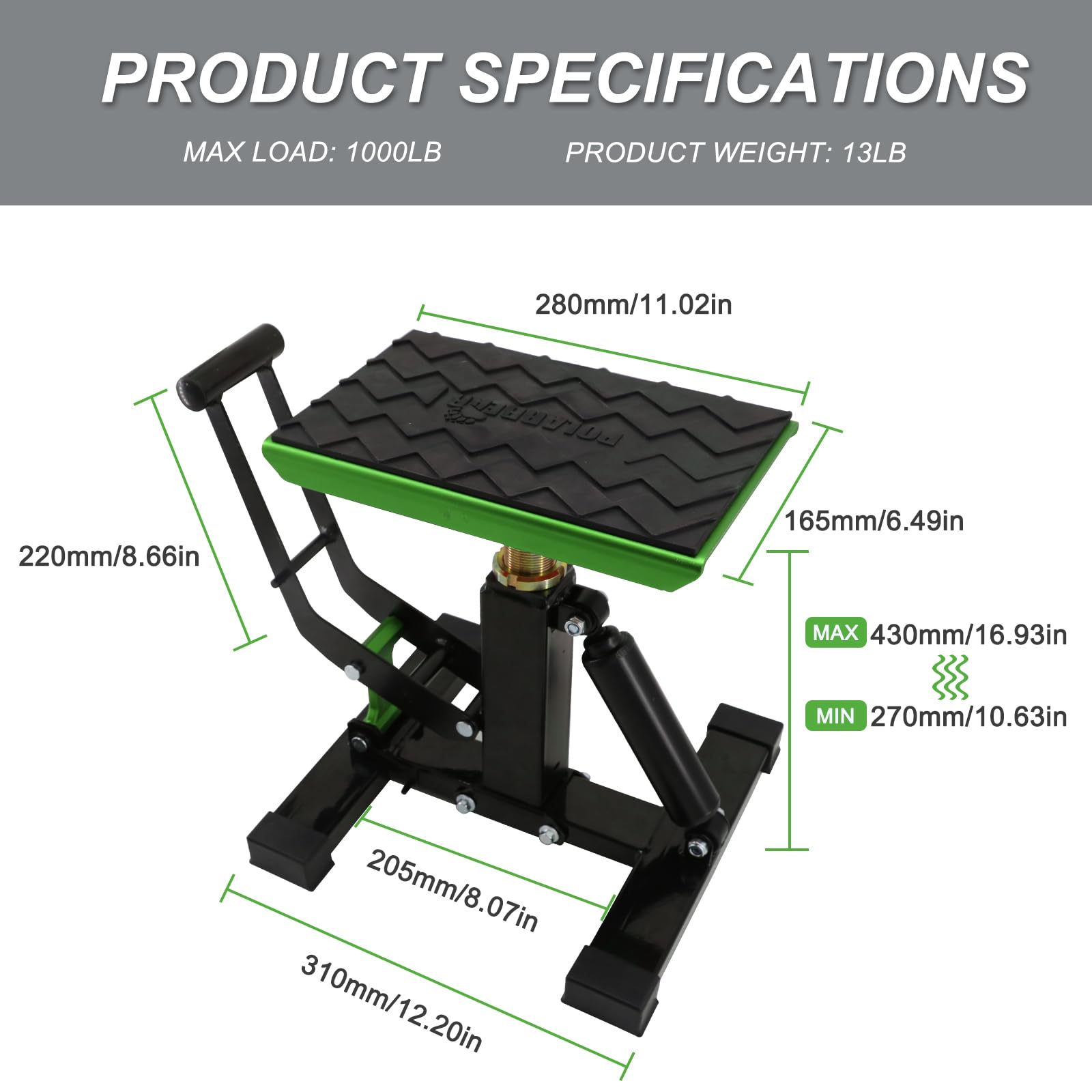 POLARBEAR Hydraulic Dirt Bike Stand - 1200LB Capacity, Adjustable Height, Aluminum Jack Stand, Green, Model 8201001