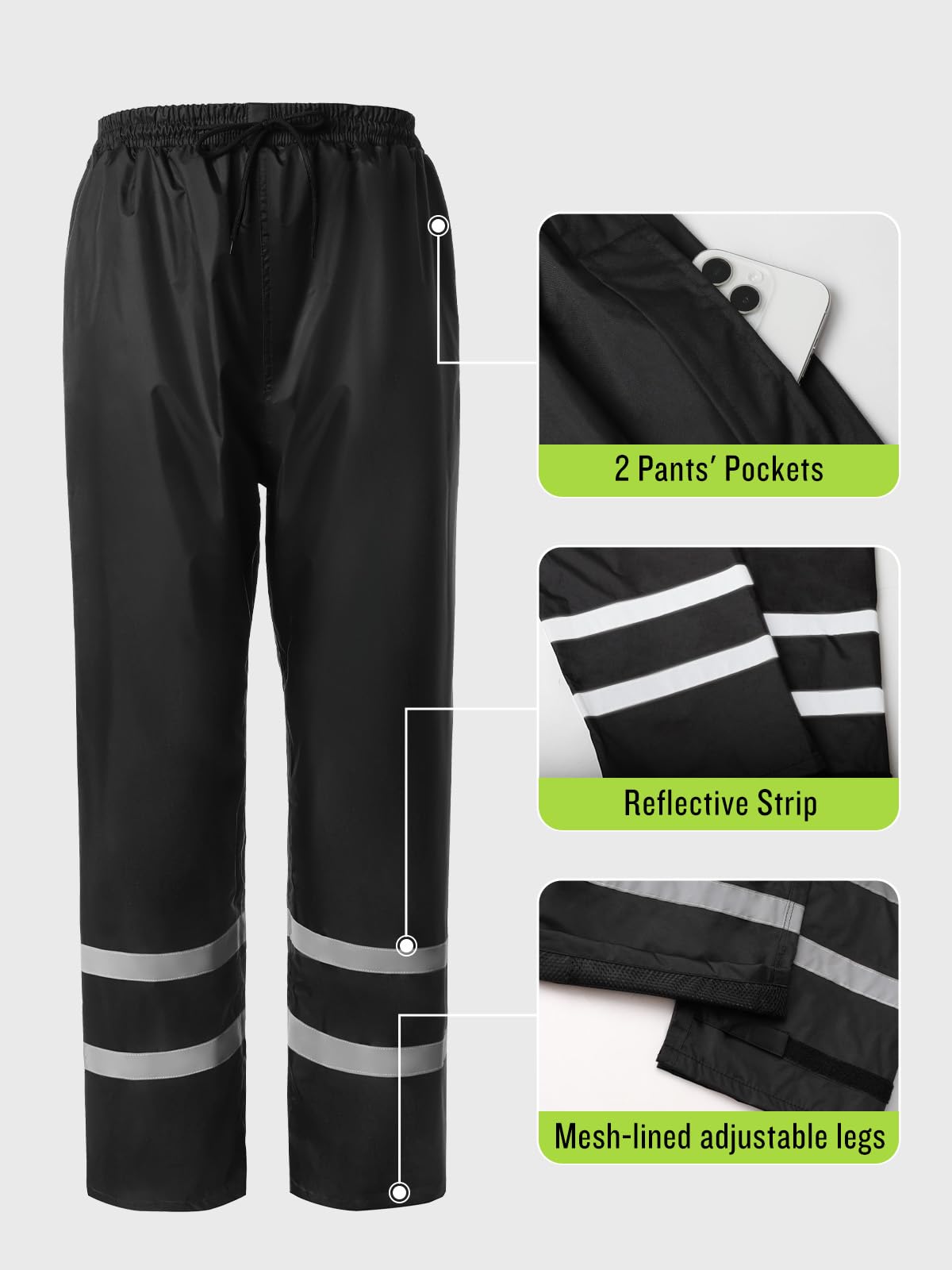 Saphirose Men'S Rain Suit High Visibility Reflective Work Rain Jacket Pants For All Sport Farm Fishing Motorcycle (Black/Green,Large)