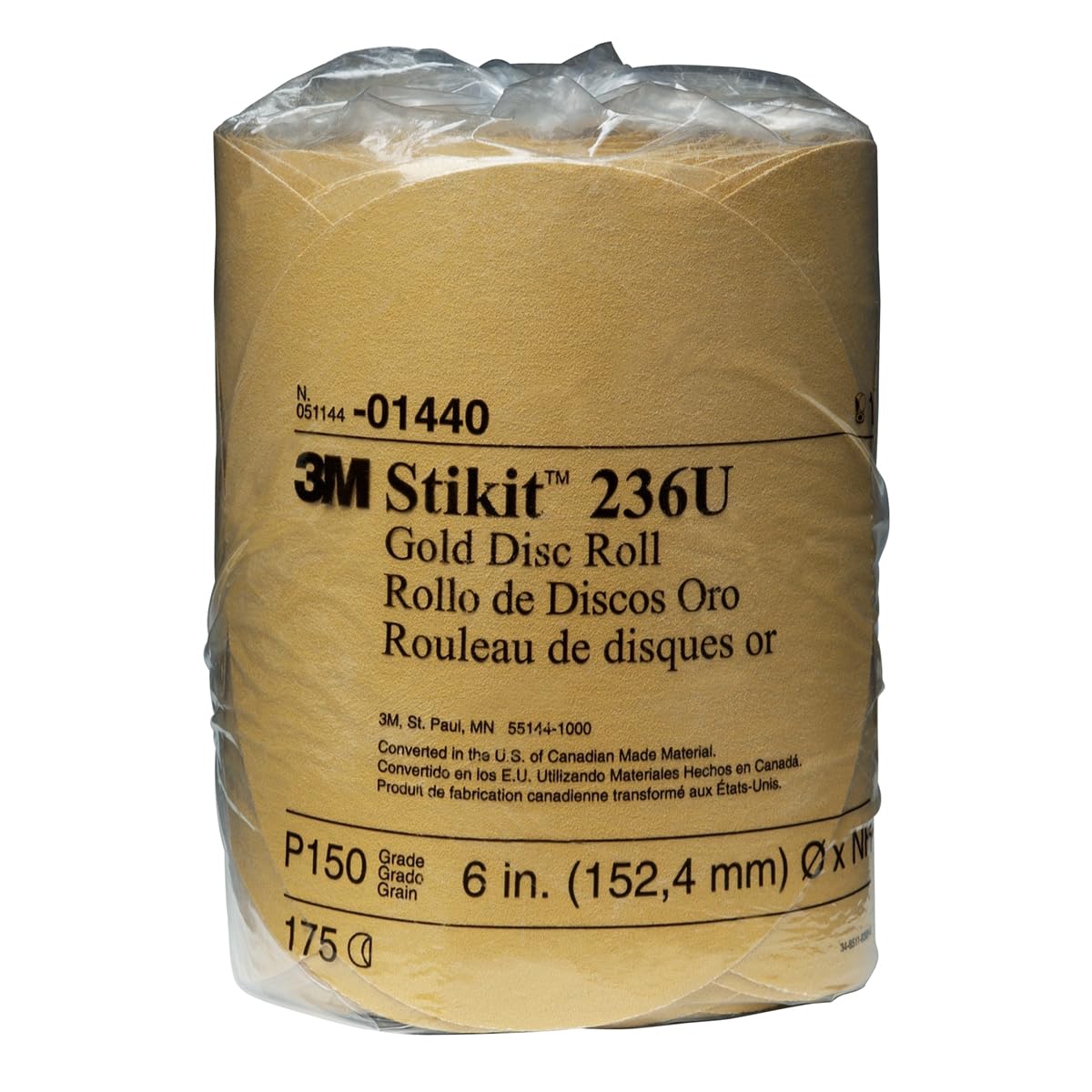 3M Stikit Gold Disc Roll 236U, 01440, 6 in, P150 Grade, 175 Discs Per Roll, Automoitve Abrasives