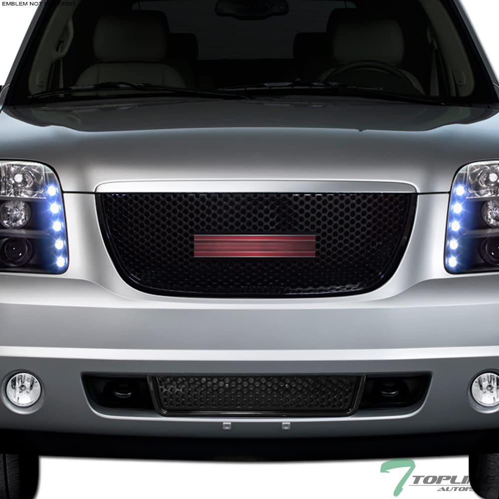 Topline Autopart Glossy Black Round Hole Mesh Grill Set for 07-14 GMC Yukon/XL/Denali - ABS Material, Front & Lower Bumper Grille