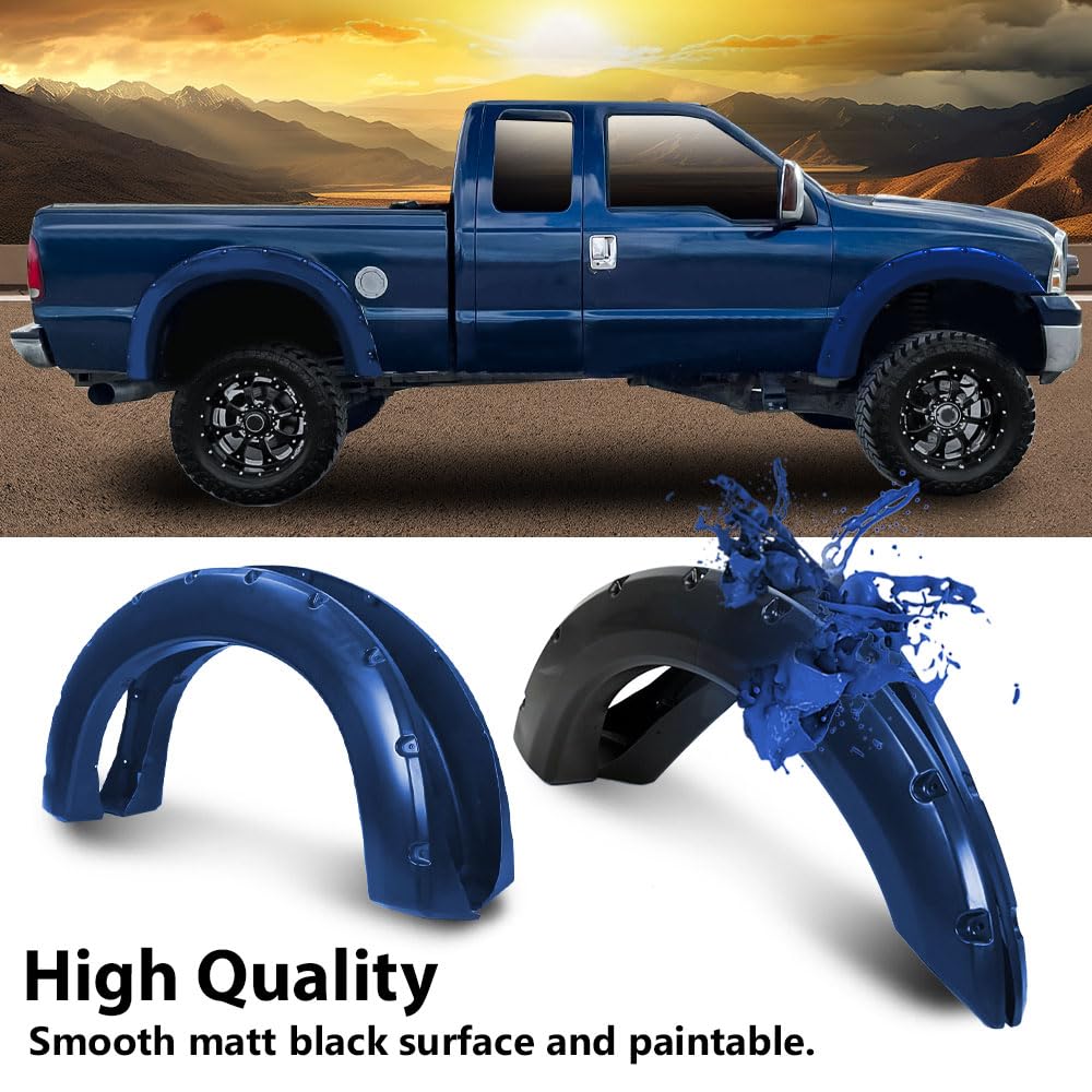 G-PLUS Fender Flares for 1999-2007 Ford F250 F350 Super Duty, Black Smooth Pocket Rivet Style, 4pcs (Non-Dually Models)