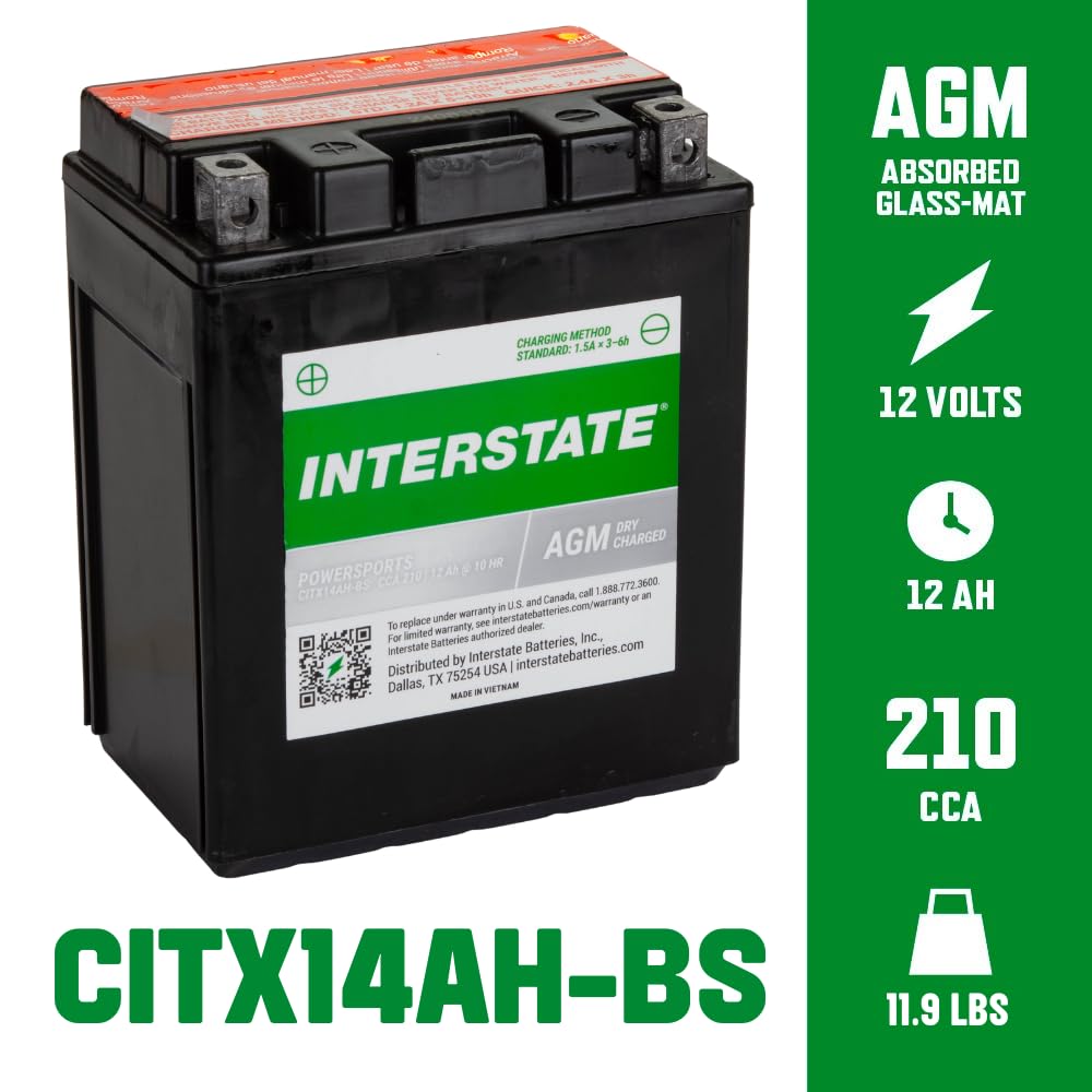 Interstate Batteries YTX14AH-BS 12V 12Ah AGM Powersports Battery for Kawasaki, Polaris, Yamaha ATVs, UTVs, Snowmobiles, Motorcycles