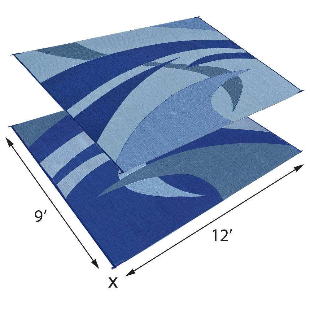 Stylish Camping Outdoor Patio RV Mat - 9ft x 12ft, Polypropylene, Swirl Design, Blue/Grey/Black/White, Model 159123