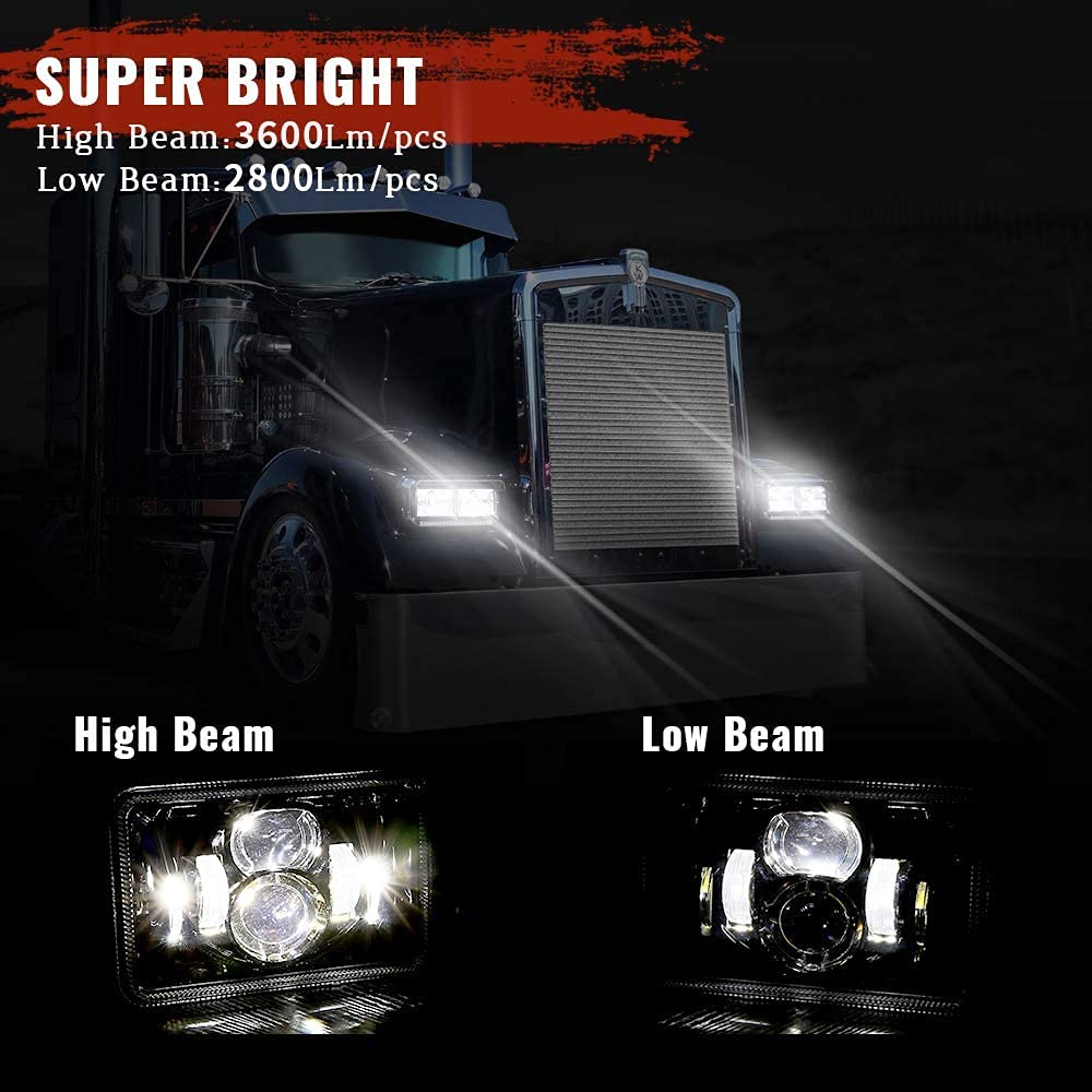 BICYACO 1 Pair 4x6 Inch LED Headlights 60W High Low Beam H4651 H4652 H4656 H4666 H6545 Projector Lens for Peterbil Kenworth Frei