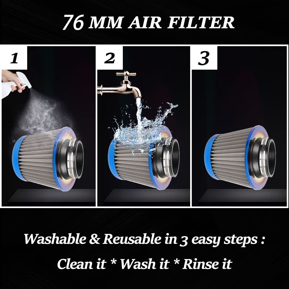 Cold Air Intake Filter, High Performance, Washable Filter, Clamp-On Replacement Air Filter, Flange Diameter 3Inch/76Mm Gray