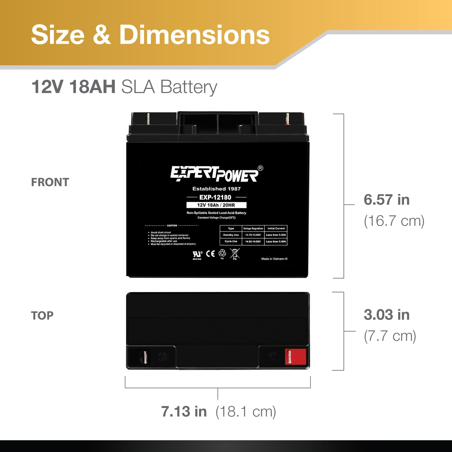 ExpertPower 12V 18Ah Lead Acid Battery - Black SLA - Model EXP12180 - 1 Pack