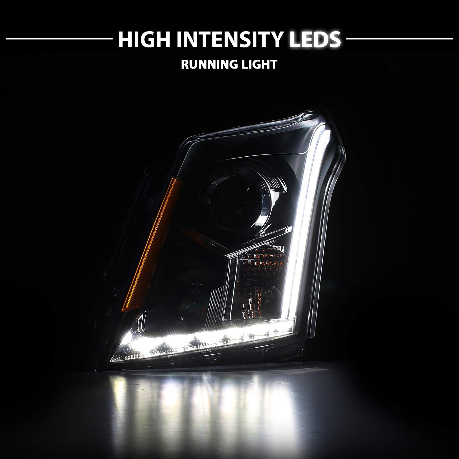 AmeriLite Black Projector Headlights Set for Cadillac SRX - LED Bar - Driver & Passenger Side