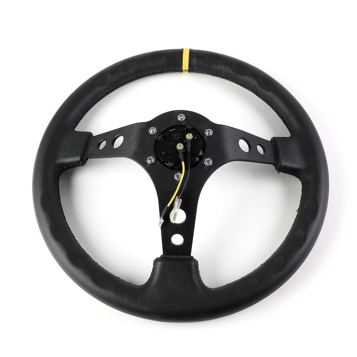 Nrg Steering Wheel - 06 (Deep Dish) - 350Mm (13.78 Inches) - Black Leather With Black Spokes/Yellow Stripe - Part # St-006Bk-Y B