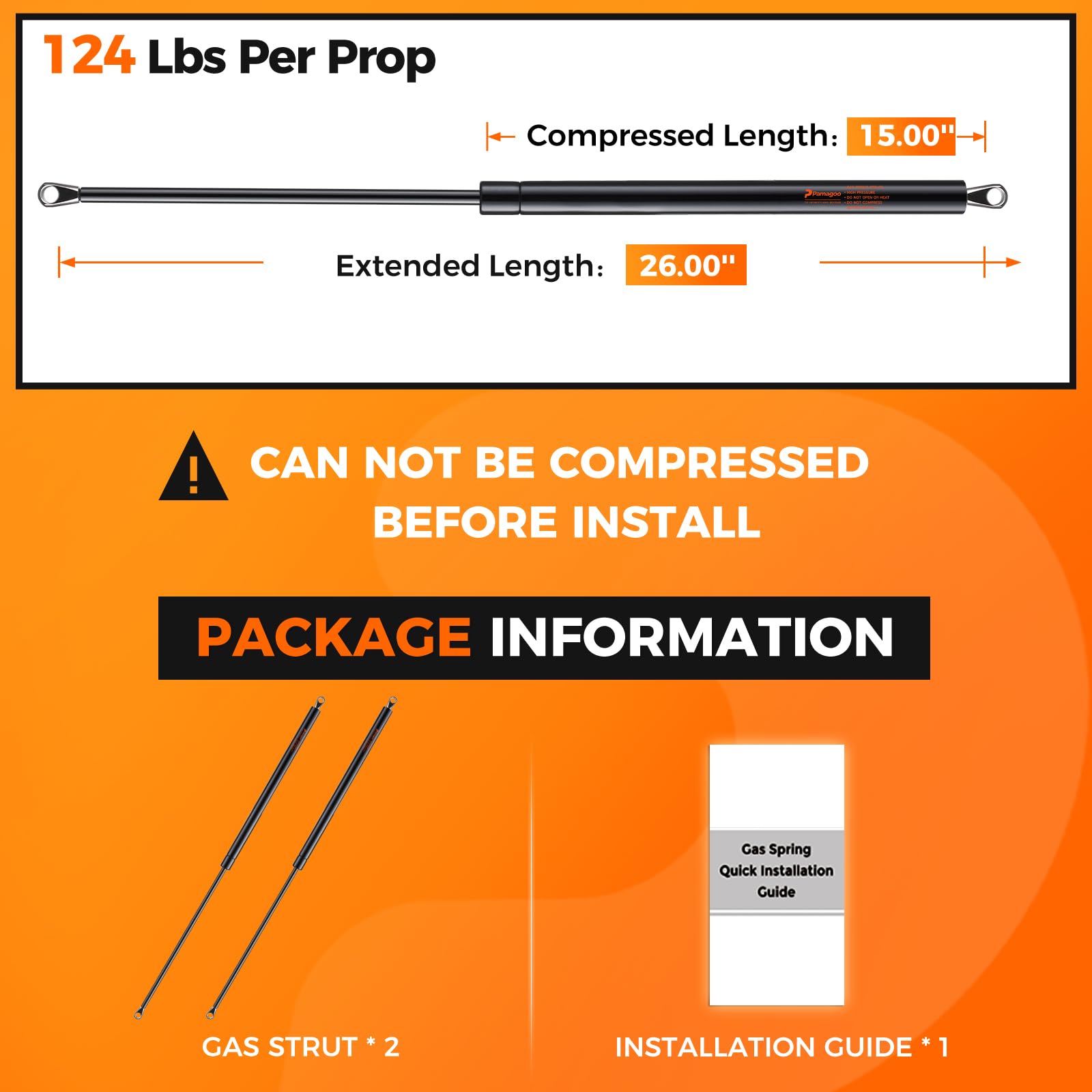 Pamagoo 153533 26 Inch Gas Strut 124 Lbs 552 N Shock, 26'' Prop Lift Support For Camper Awning Tonneau Cover Spring Undercover R