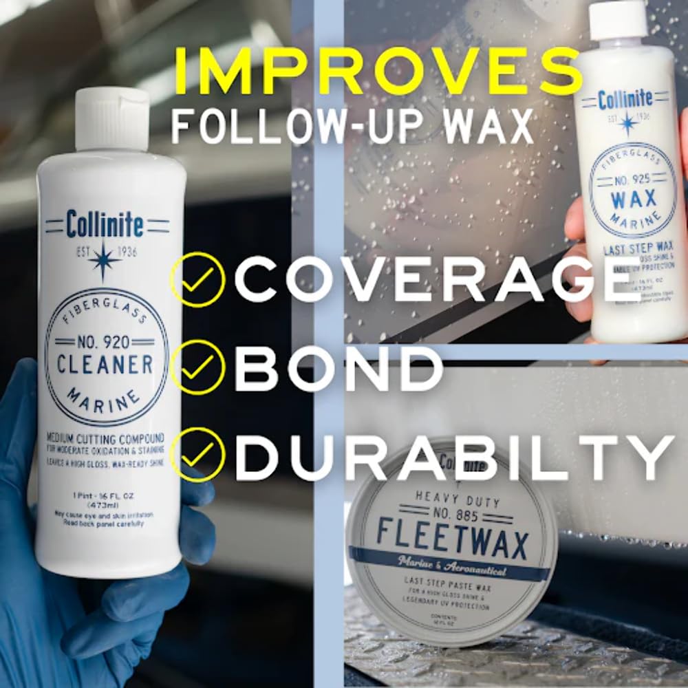 COLLINITE 920 Fiberglass Cleaner & 885 Paste Wax Combo - Water Spot & Oxidation Remover for Fast Surface Prep and Wax Protection
